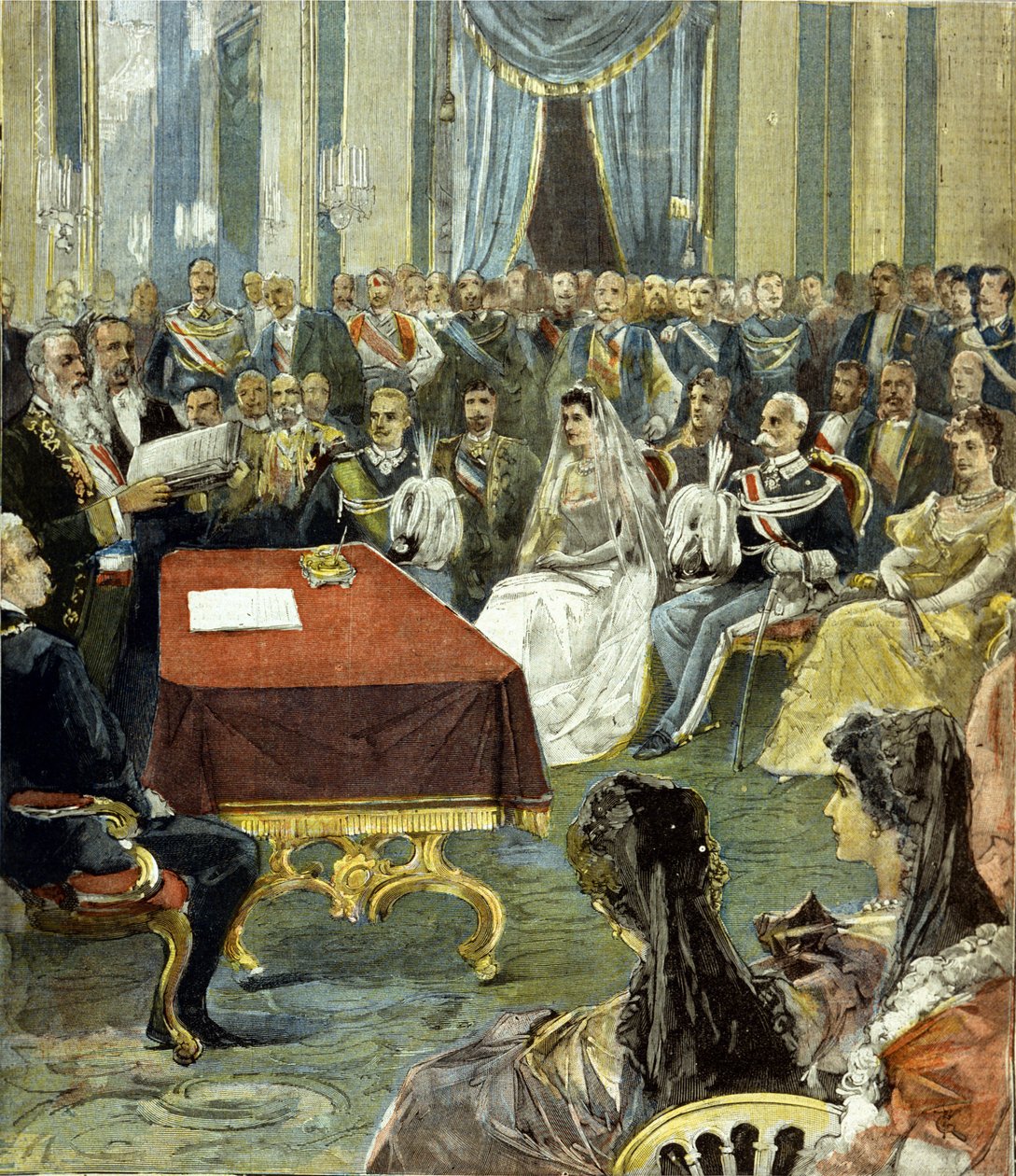 O casamento civil do Príncipe de Nápoles - que se tornou Victor Emmanuel III (Victor Emmanuel) (Vittorio Emanuele) - com a Princesa Helena de Montenegro no Palácio Quirinal, em 1896. No centro, você pode ver Humbert I (Umberto), à esquerda da noiva. de Unknown artist