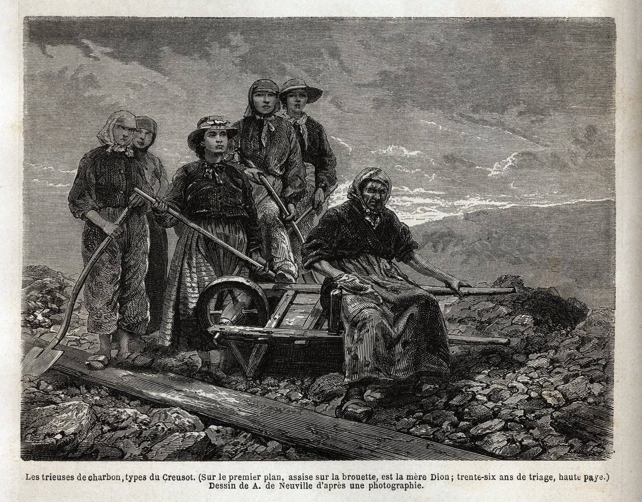 Os classificadores de carvão, tipo Creusot; em primeiro plano, sentados no carrinho de mão, o mais velho dos classificadores, a mãe Dion, 36 anos de triagem. Gravura para ilustrar uma viagem ao Creusot e às minas de Saone e Loire, em 1865, por L. Simonin,  de Unknown artist