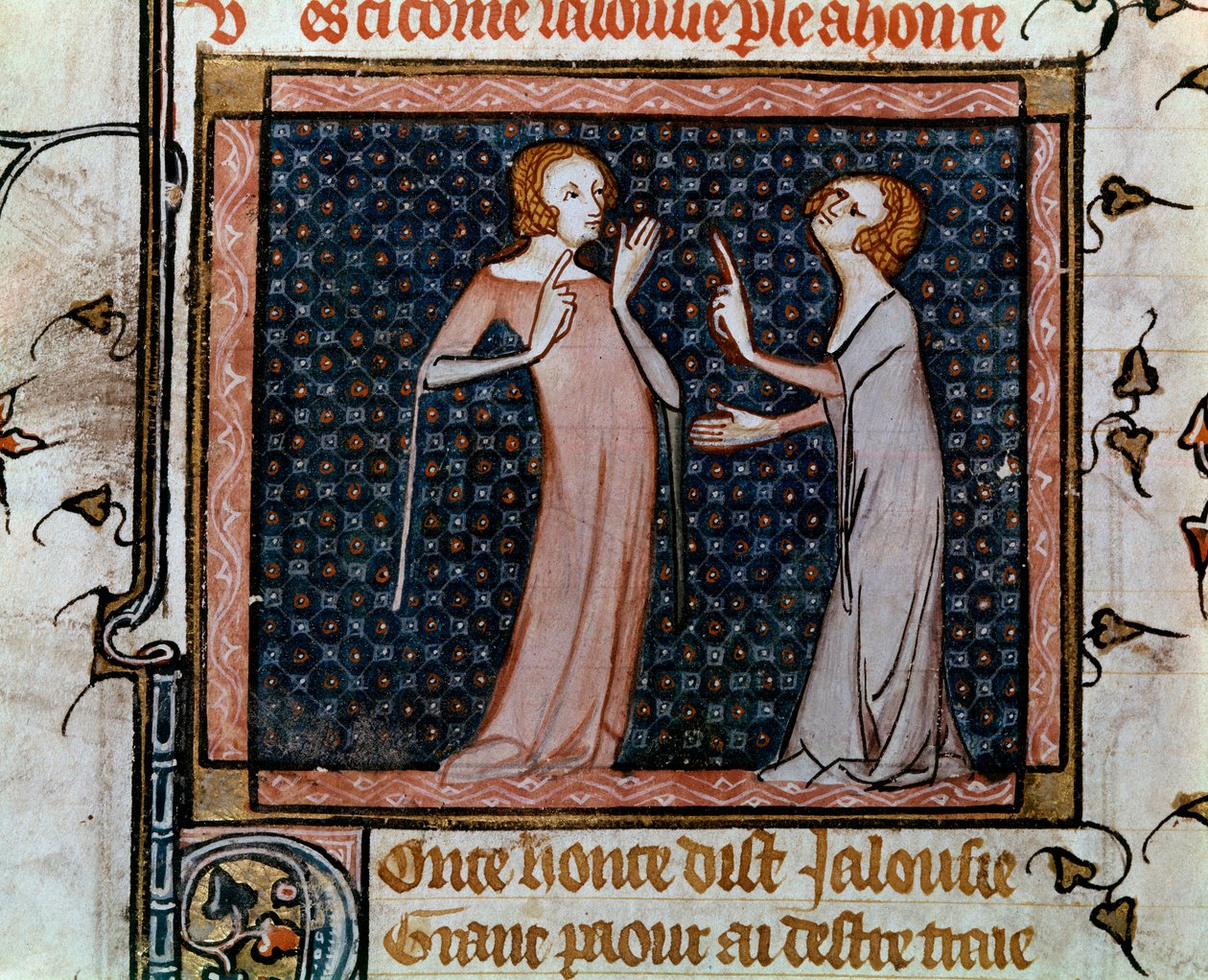 O colóquio de Jalousie e a Miniatura da Vergonha em "Roman de la rose" de Jean de Meun, Jean de Meung ou Jean Chopinel, Jean Clopinel (v.1240-1305), cerca de 1370. Paris, bibliotheque sainte Genevieve de Unknown artist