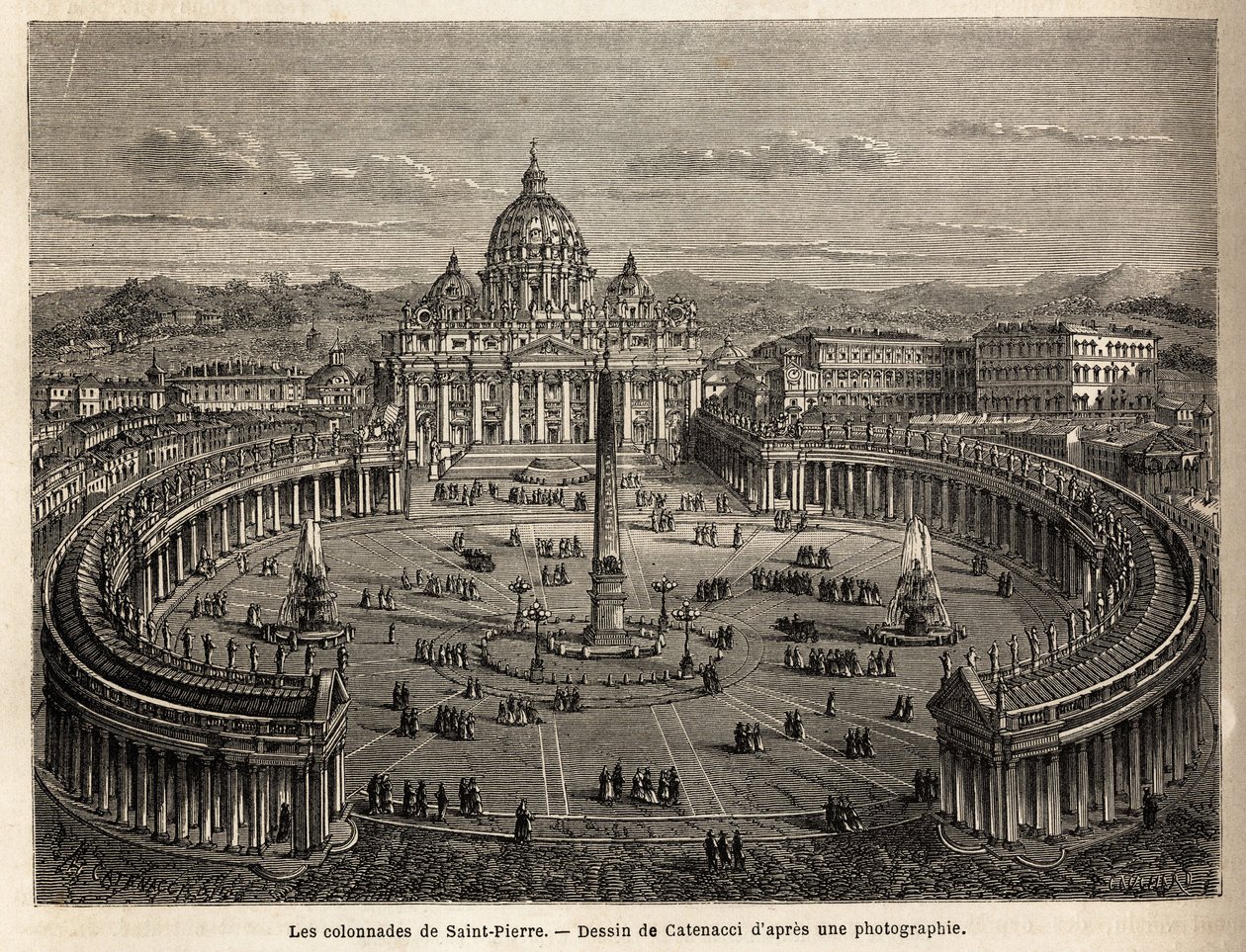 As colunatas de São Pedro no Vaticano, trazidas pelos Bernini (1598-1680) de 1655, em plano elíptico, que se tornaram um lugar comum da arquitetura barroca e rococó. Gravura para ilustrar a viagem a Roma, de Francis Wey, em 1864-1868, editis de Unknown artist