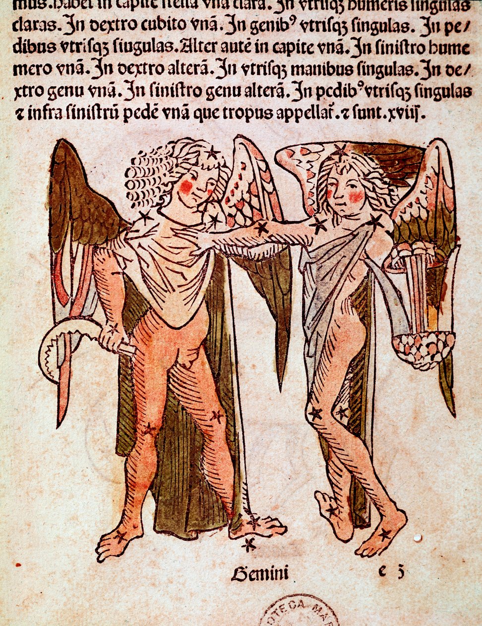 A constelação de Gemeaux Detail deriva de "Poeticon astronomicon" atribuído ao historiador romano Hyginus (Gaius Julius Hyginus) (século I AC) (Gemini (gêmeos) constelação, de "Poeticon astronomicon" atribuído a Hyginus (século I AC de Unknown artist