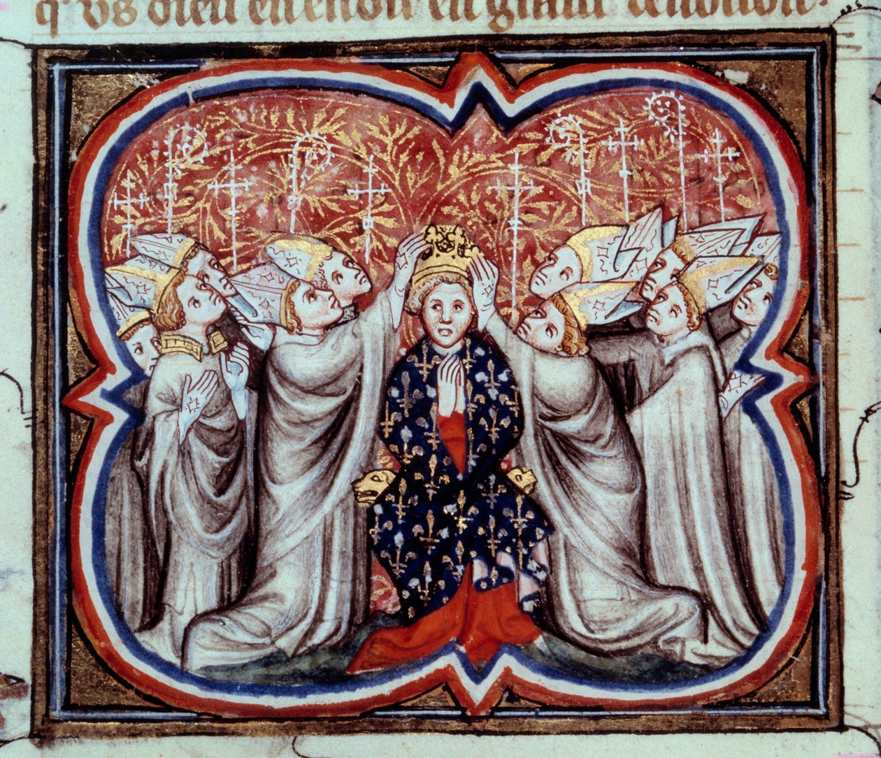 A coroação do Rei Filipe Augusto (1165-1223) na catedral de Reims, em 1/11/1179. Miniatura de um manuscrito do século XIV. Paris, B.N. de Unknown artist