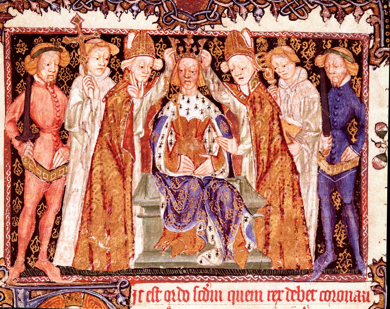 A coroação de um rei Provavelmente o rei Ricardo II de Inglaterra (1367-1400). Miniatura do manuscrito sobre os ritos de coroação "Liber regalis" do século XIV Pamplona, arquivo de Navarra de Unknown artist
