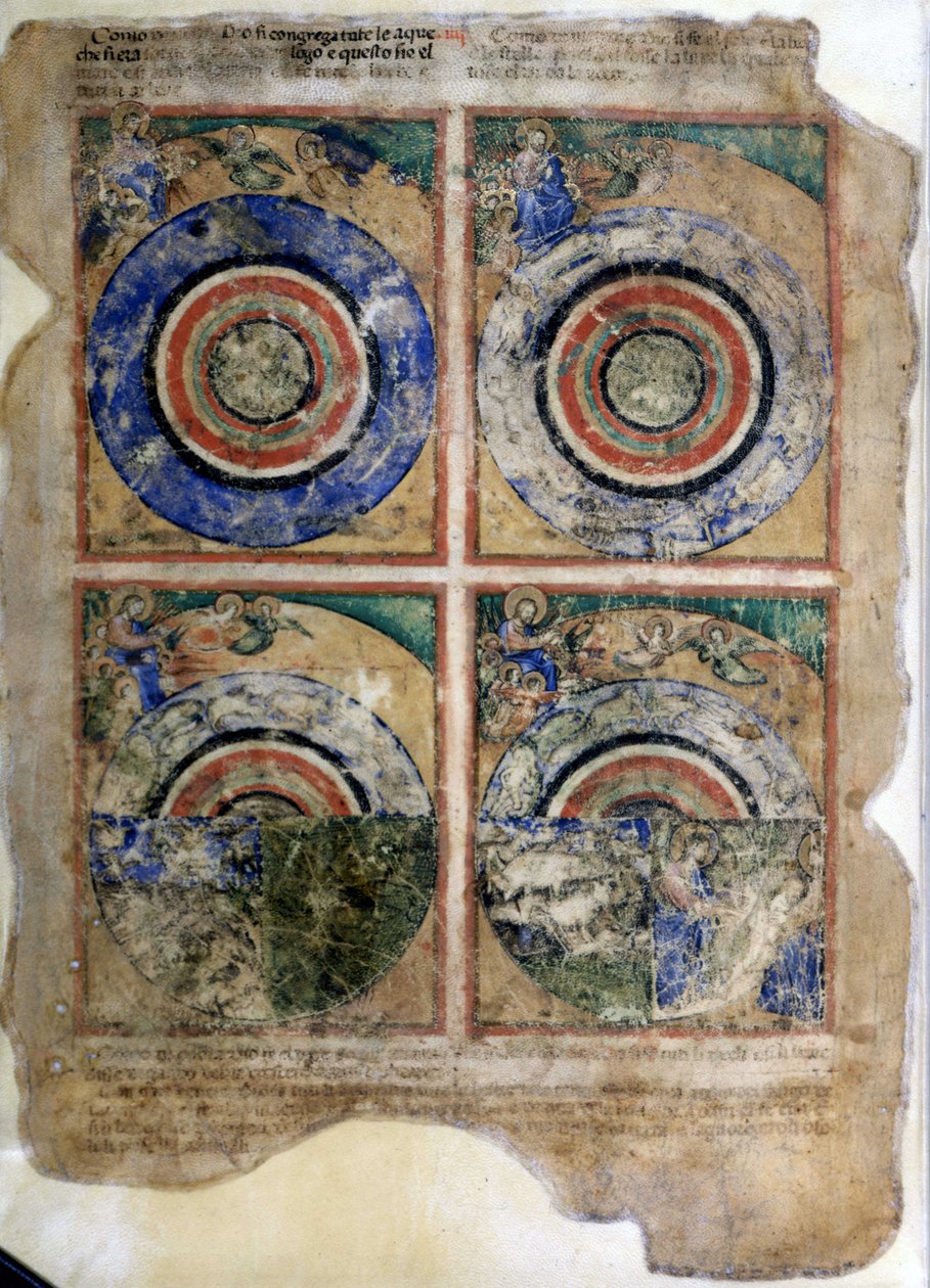 A criação do mundo. Gênesis. Miniatura do códice 212 (ou códice padovano ou Bíblia de Pádua) 1390-1400 Rovigo, Accademia dei Concordi de Unknown artist