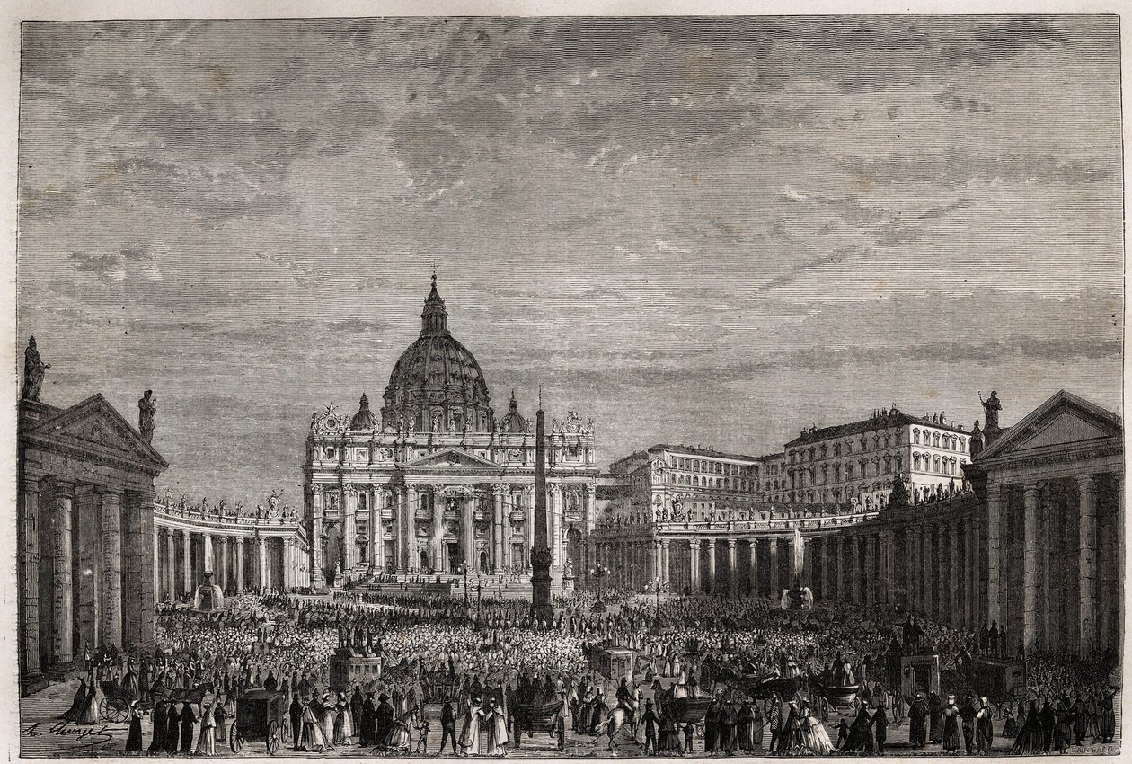 A multidão correu para a Praça de São Pedro no Vaticano para receber a grande bênção da Páscoa do Papa Pio IX (1792-1878). Gravura para ilustrar a história da Semana Santa em Roma, em 1863, por Ludovic Celler, em "Le tour du monde, nouveau journal des voy de Unknown artist