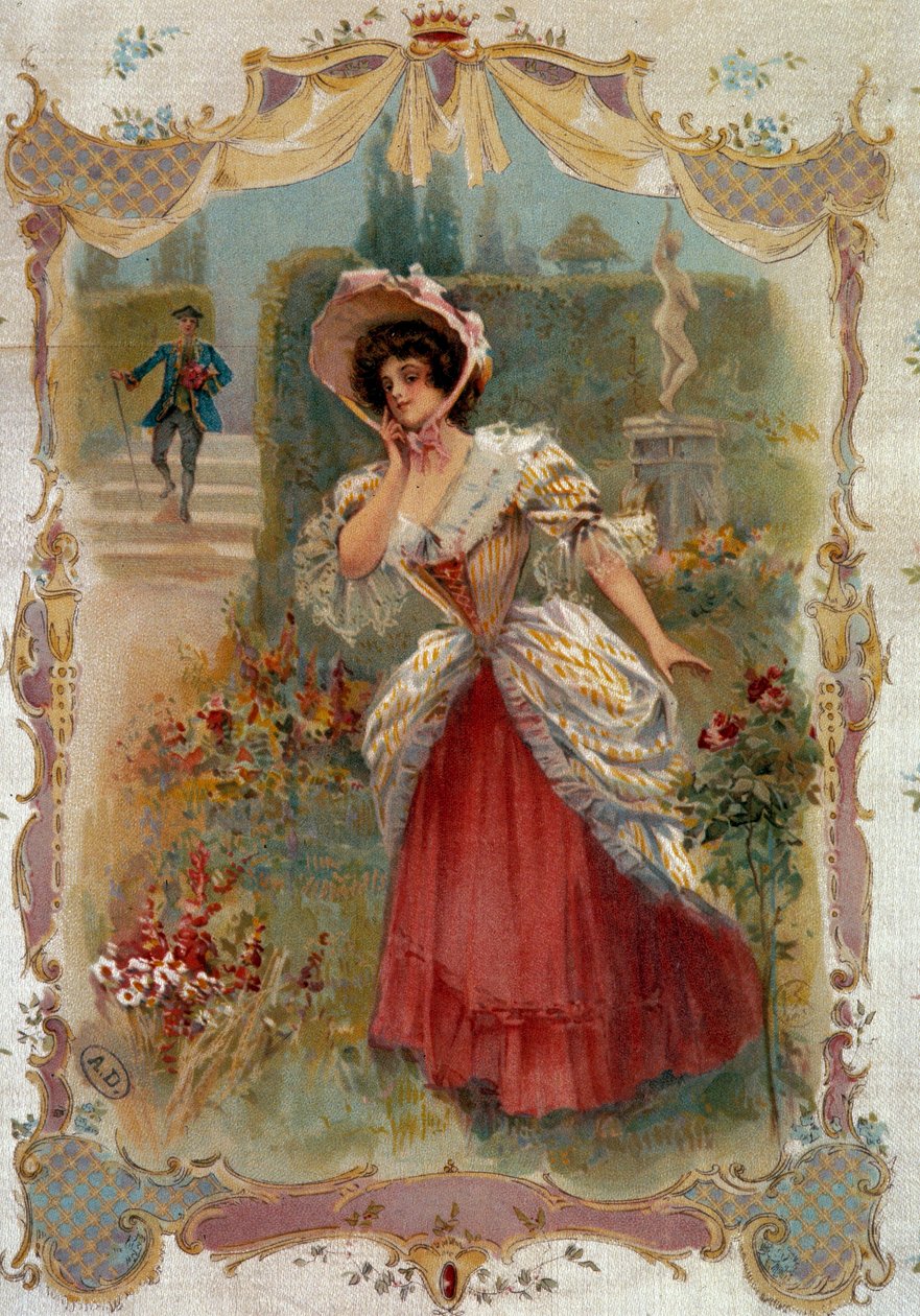 O encontro Uma jovem mulher está à espera do seu noivo. Litografia da Paris do século XIX, Artes Decorativas de Unknown artist