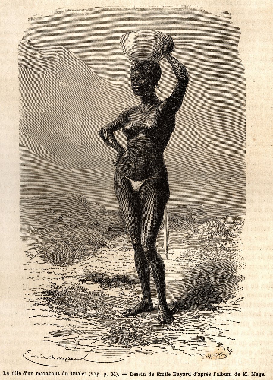 A filha de um marabu de Oualet (Mauritânia), usando um jatte na cabeça para fazer sabão preto. Gravura para ilustrar a viagem ao Sudão Ocidental do Tenente (Marinha) M.Mage, em 1863-1866, publicada no "Le tour du monde, nouveau journal des voyages". de Unknown artist
