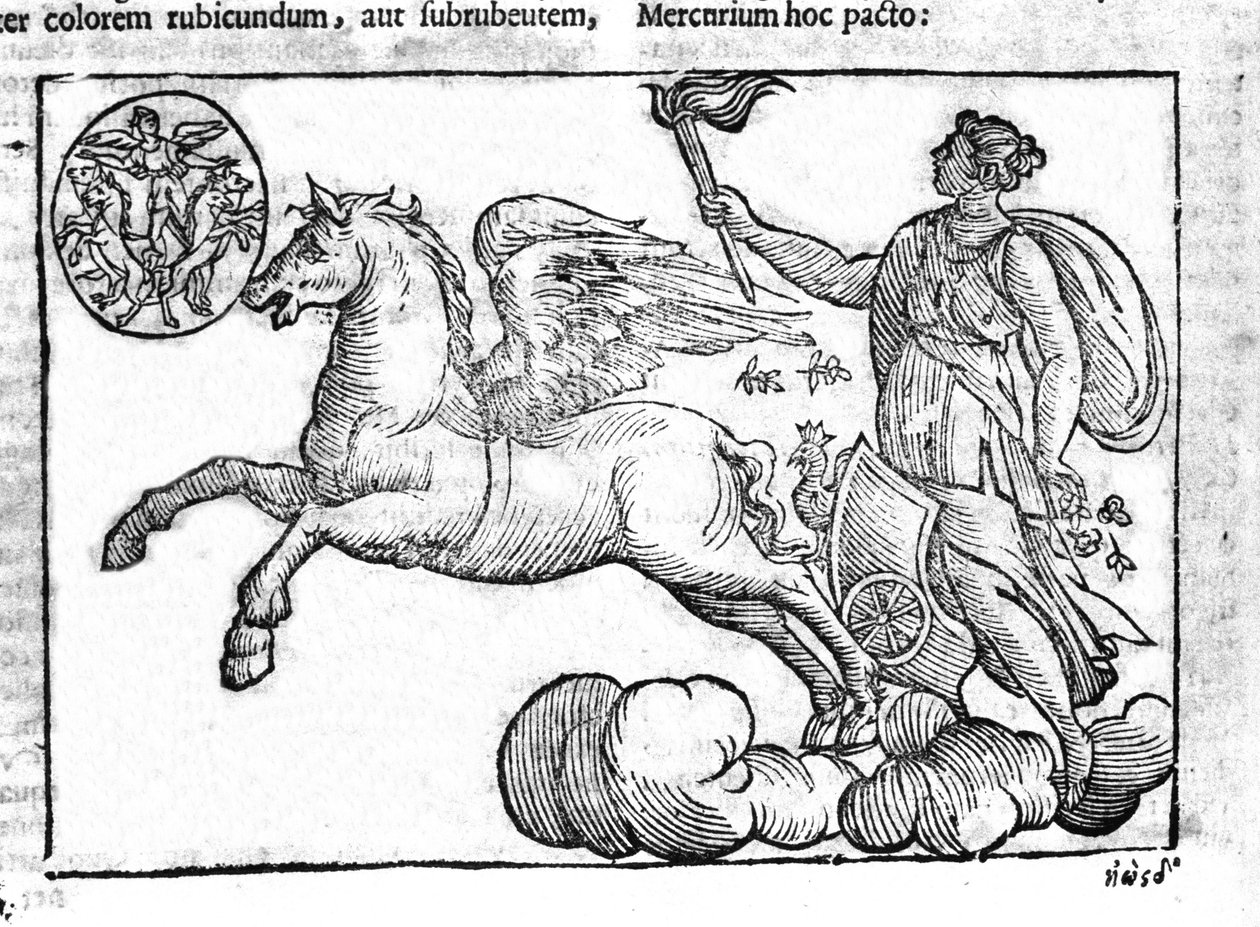 O amanhecer (a carruagem do sol). Alegoria do nascer do sol com os personagens da mitologia grega e romana no céu. Gravura de "Mythologiae sive explicationes fabularum" da Natalis Comitis. 1637. de Unknown artist
