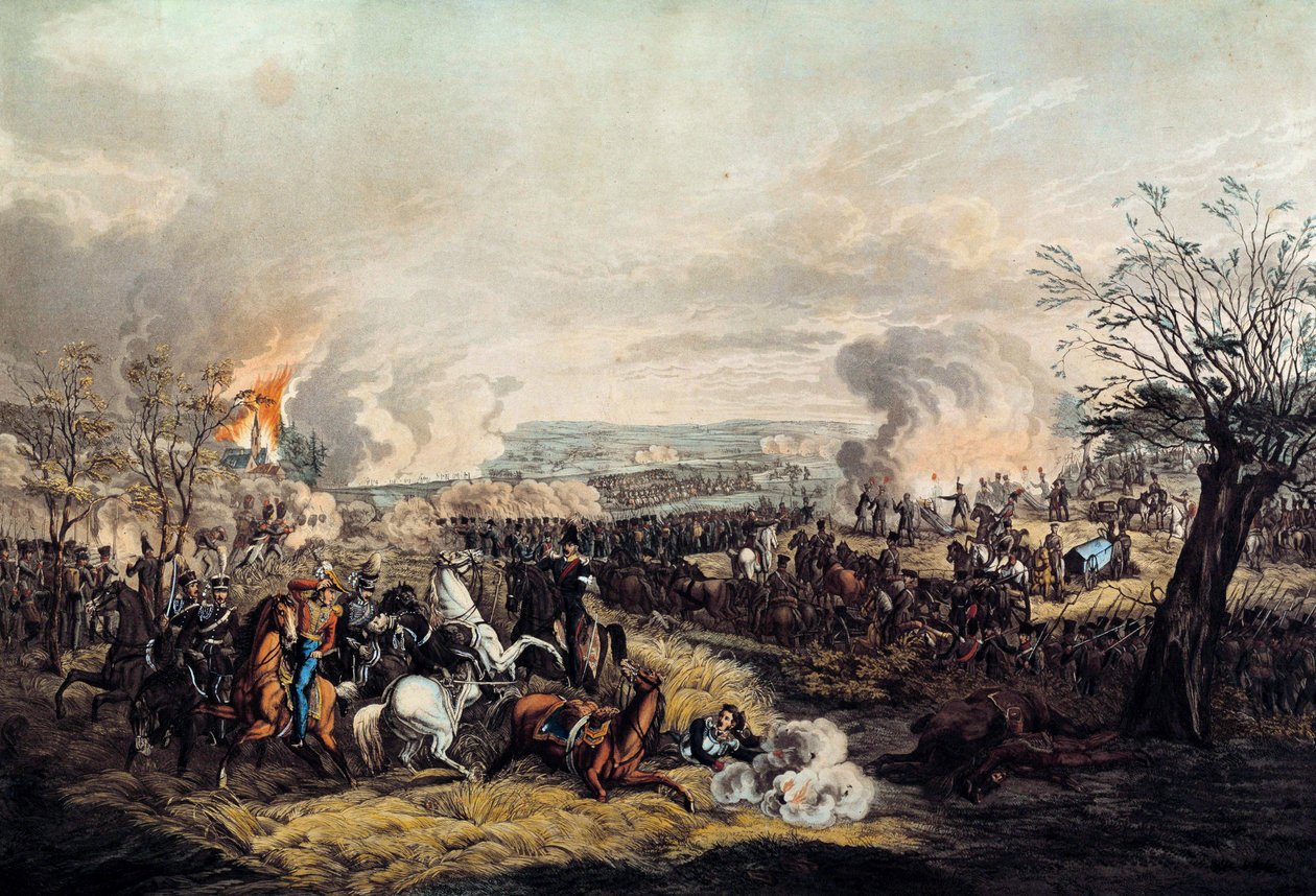 A morte do Duque Frederic Guillaume de Brunswick (1771-1815) na Batalha de Quatre Bras em 16/06/1815 entre as tropas francesas de Marechal Michel Ney (1769-1815) e as britânicas do Duque de Wellington. Impressão a partir de 1815. Paris, Musee de l