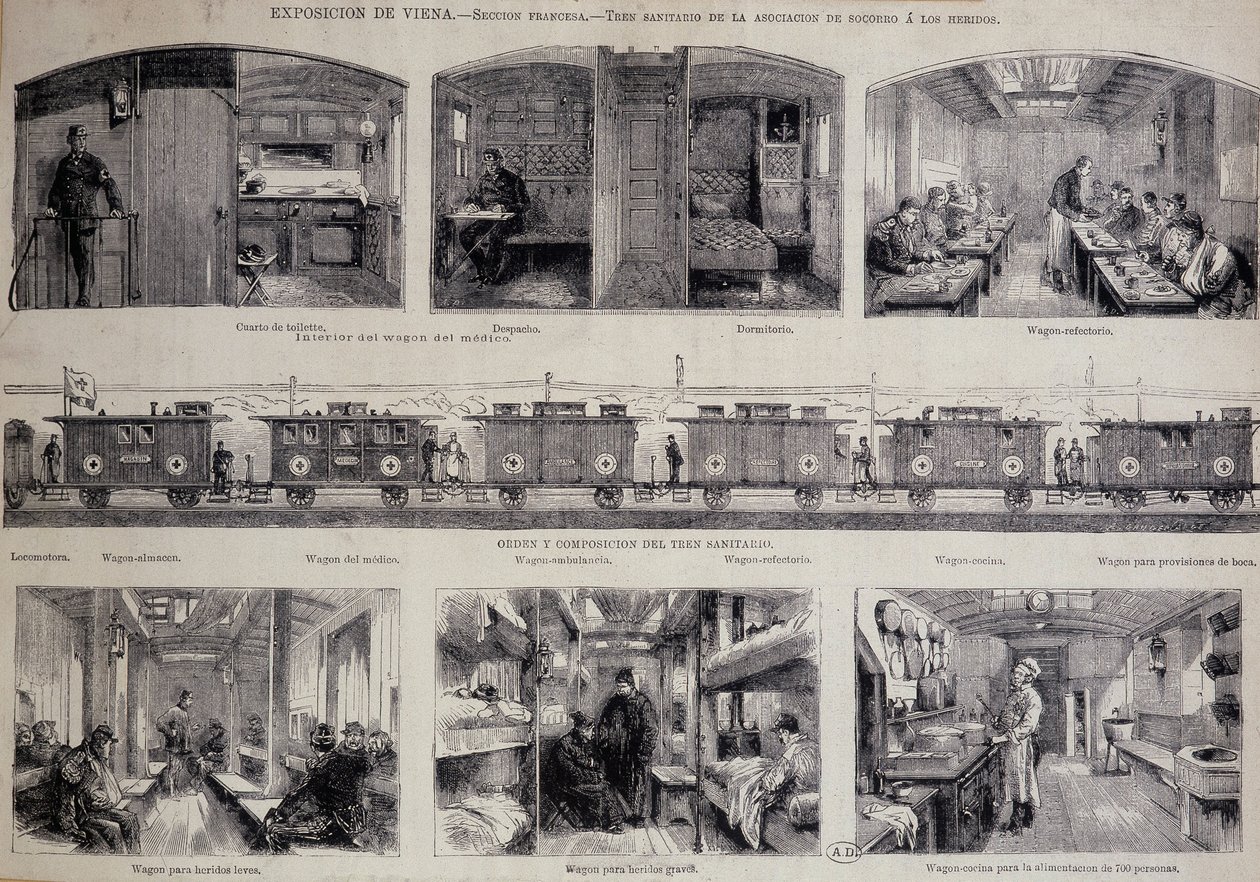 Os diferentes compartimentos de um trem sanitário - gravura de Unknown artist