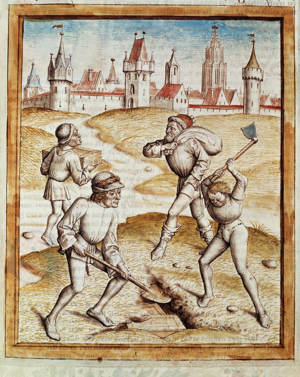 A descoberta de um tesouro nos subúrbios de uma cidade fortificada Miniatura tirada de uma tradução alemã das fábulas de "Kalila (Calila) e Dimna" de Bidpai. (ms. 1389, fol. 1) por volta de 1480 Chantilly, museu Conde de Unknown artist