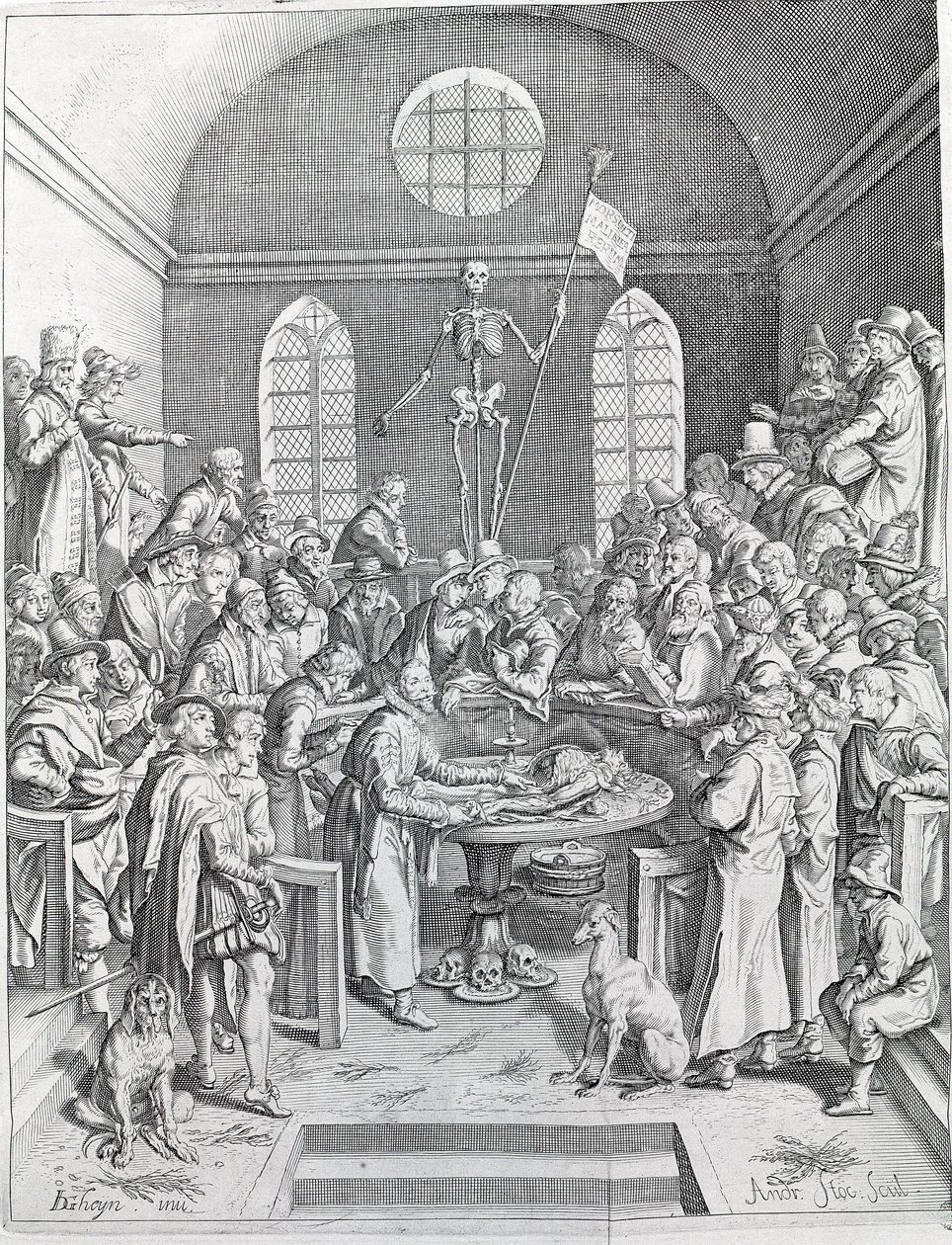 O grupo de médicos e cientistas da dissecação reuniu-se para seguir uma dissecação num anfiteatro. Gravura a partir de 1788 de Unknown artist