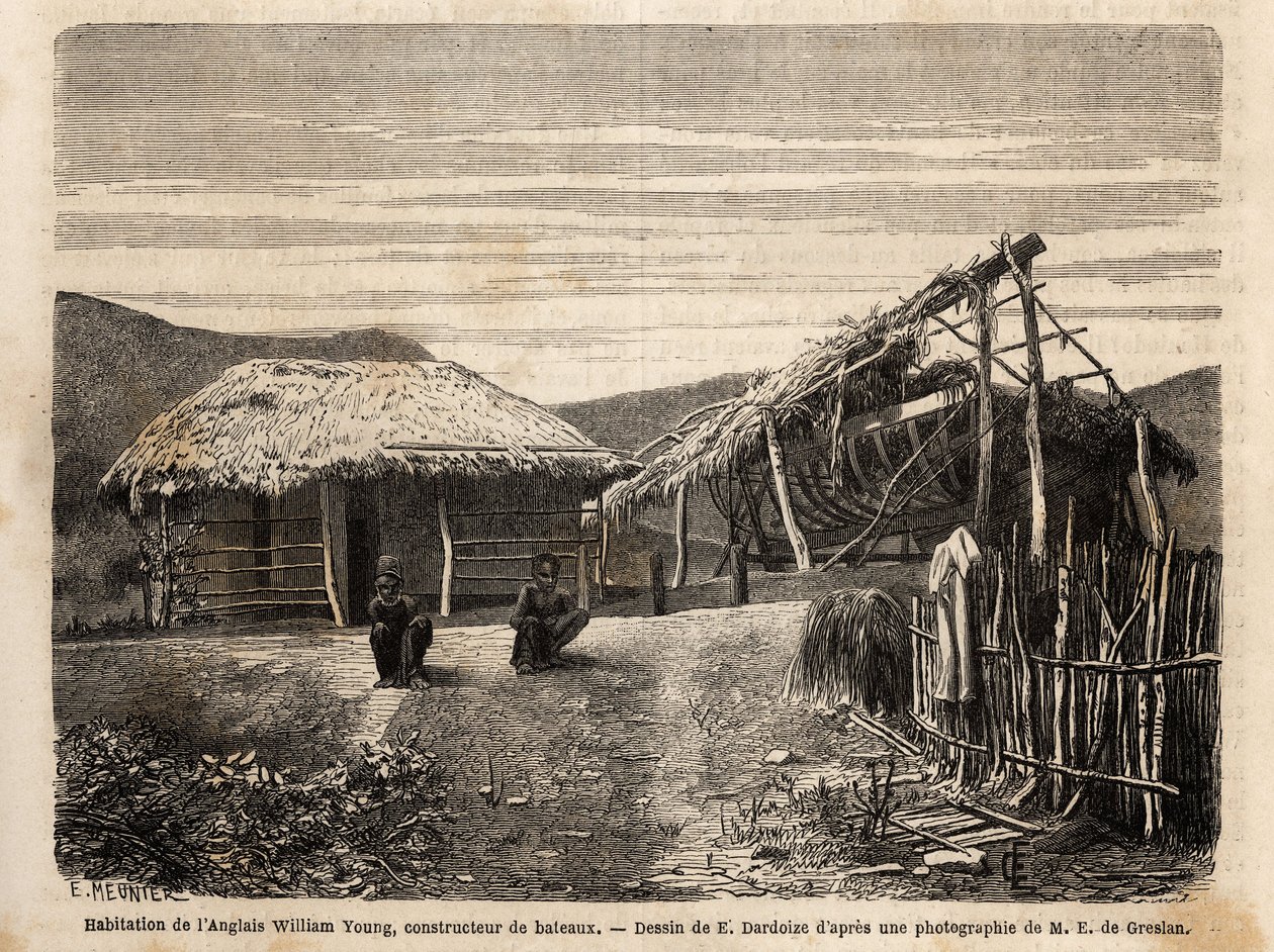 A moradia e estaleiro de um construtor inglês perto de Noumea, que usa mão-de-obra indígena ou os condena até o fim do seu tempo de trabalho árduo. Engravure pour illustrrer le voyage à la Nouvelle Caledonie, de Jules Garnier, engenheiro civil de minas, em de Unknown artist