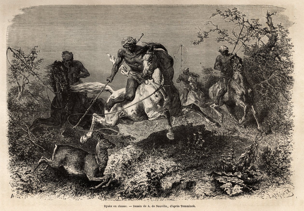 Os diques (indígenas a Bornéu) caçando, cavalgando e armas de lassos. Gravura para ilustrar a viagem no arquipélago da Malásia, de Alfred Russell Wallace, em 1854-1862, publicada em "Le tour du monde" 1870-1871, editada por Edouard Charton, Hachett de Unknown artist