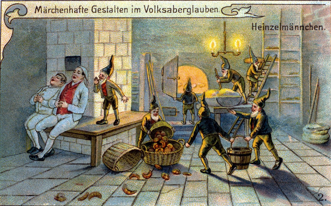 Os duendes, personagens maravilhosos da tradição popular: eles preparam o pão enquanto os padeiros dormem. chromolithographof do século XIX. de Unknown artist