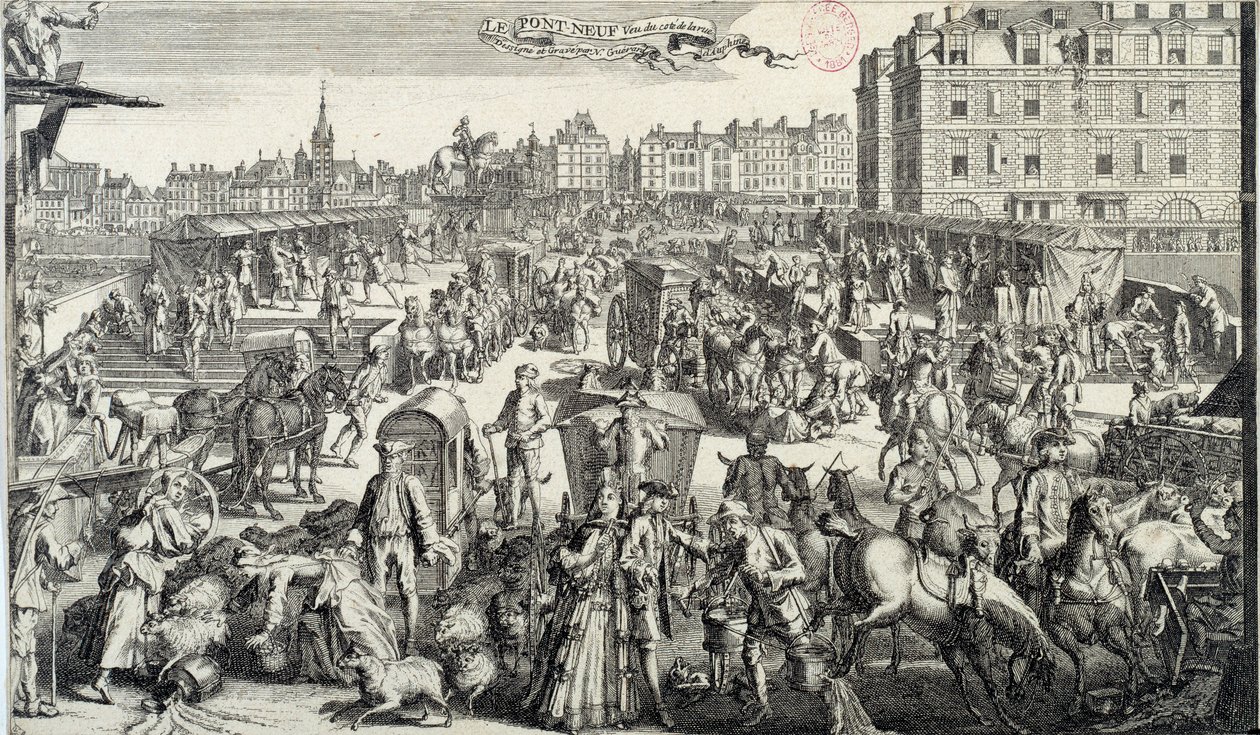O constrangimento da Pont Neuf em Paris. Ilustração do trânsito e dos engarrafamentos de trânsito nas ruas de Paris no século XVIII. Gravura a partir de 1710. Paris, Musee Carnavalet de Unknown artist