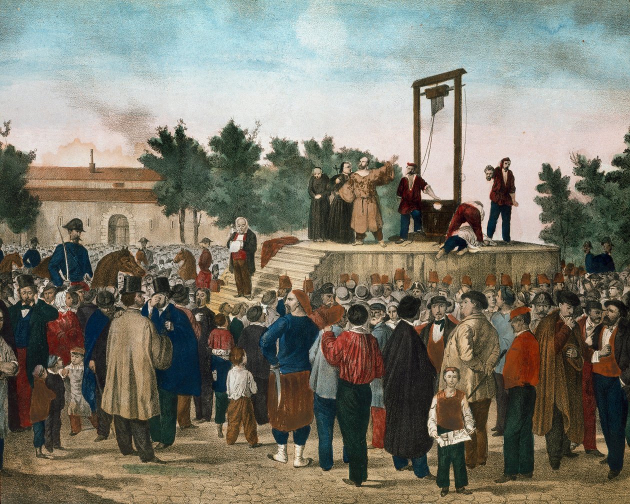 A execução em 13/03/1858 de Felice Orsini (1819 - 1858) e Pieri, que realizou o ataque de 14 de janeiro de 1858 contra Napoleão III na Place de la Roquette em Paris Litografia do final do século XIX. Coleção particular de Milão de Unknown artist