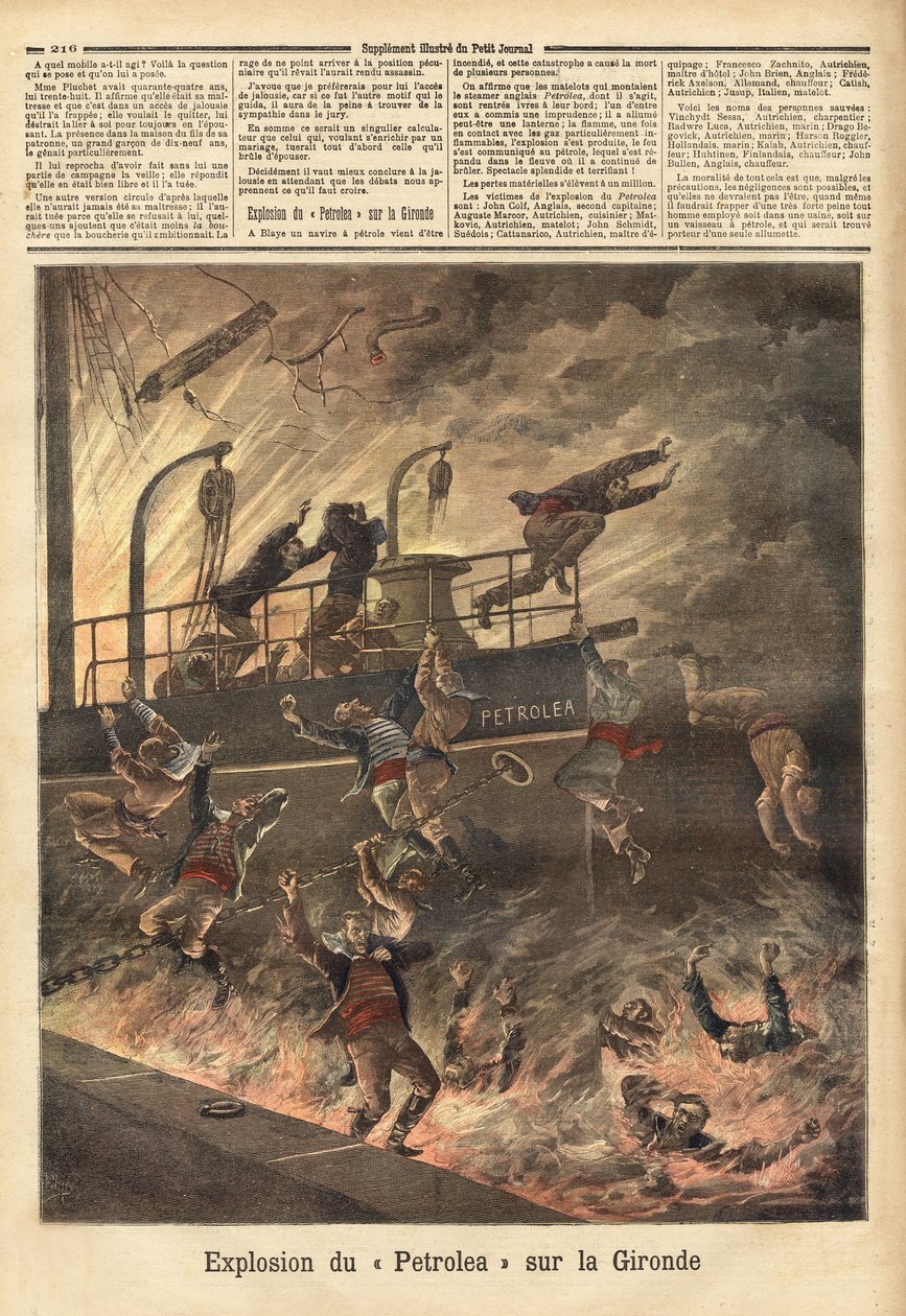 A explosão da "Petrolea", um vapor inglês que transportava petróleo, em Blaye, na Gironda. Gravura no "Le petit journal" 4/06/1892. A colecção da Selva. de Unknown artist