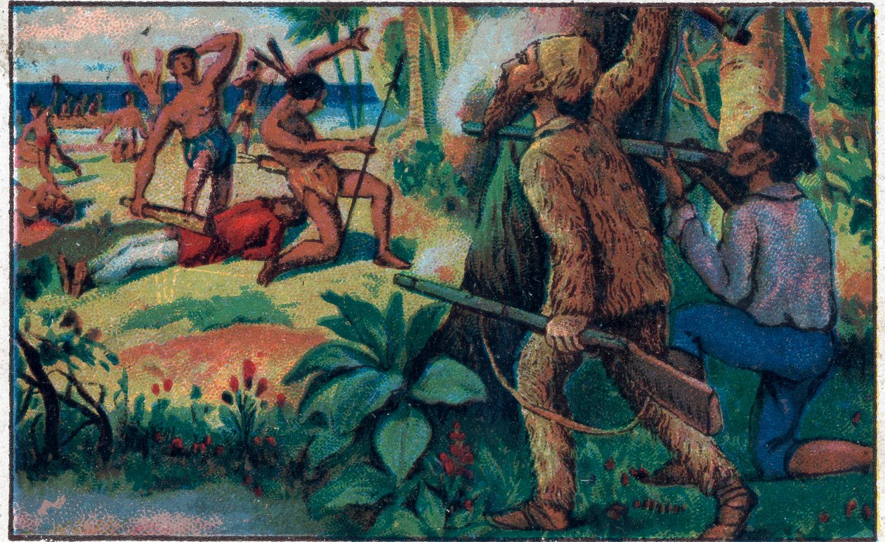 A luta com os selvagens. Ilustração para o livro de Daniel Defoe (De foe) "Robinson Crusoe". Cromolitografia do final do século XIX. de Unknown artist