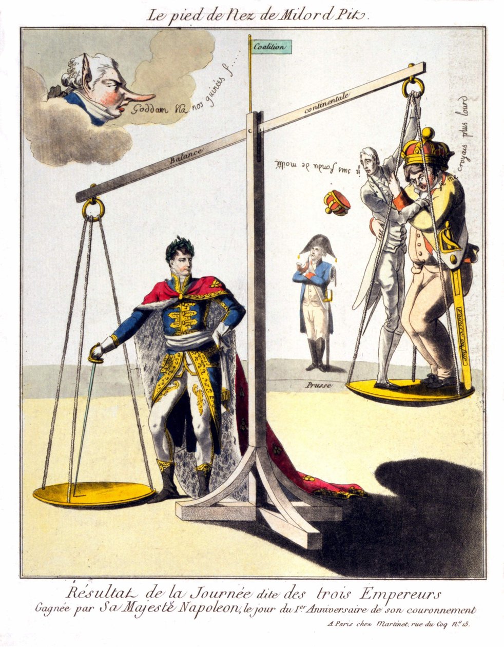 O pé do Nariz do Fosso do Senhor - O resultado do chamado Dia dos Três Imperadores - Ganhado por Sua Majestade Napoleão, no dia do 1º Aniversário da sua coroação. Desenho animado sobre Napoleão I e a 3ª coligação (Grã-Bretanha representada por Guilherme Pi de Unknown artist
