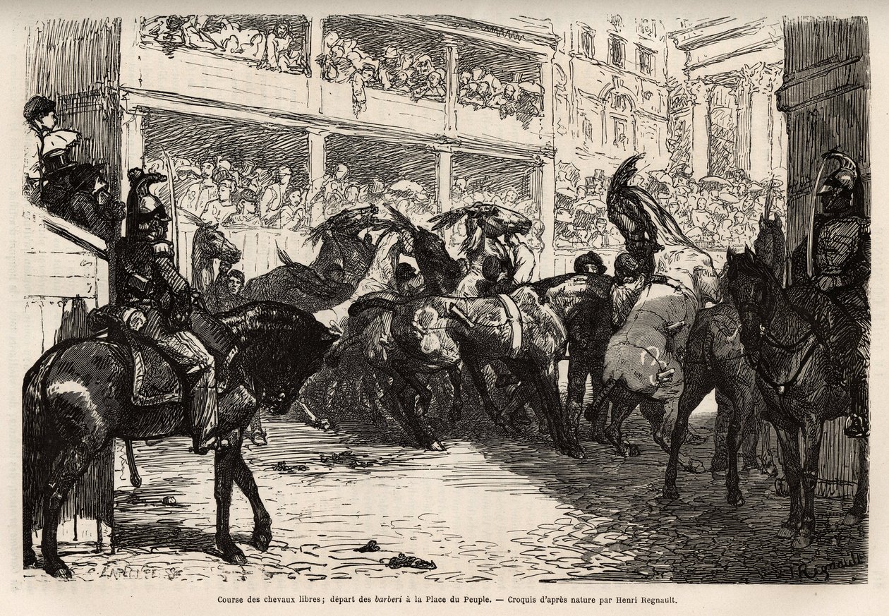 A corrida de cavalos gratuita, organizada quatro vezes durante o carnaval, começa na Praça do Povo, depois lanças no triplo galope do Corso até a Praça de Veneza, onde os prêmios são entregues. Gravura para ilustrar a viagem a Roma, de Francis Wey, em de Unknown artist
