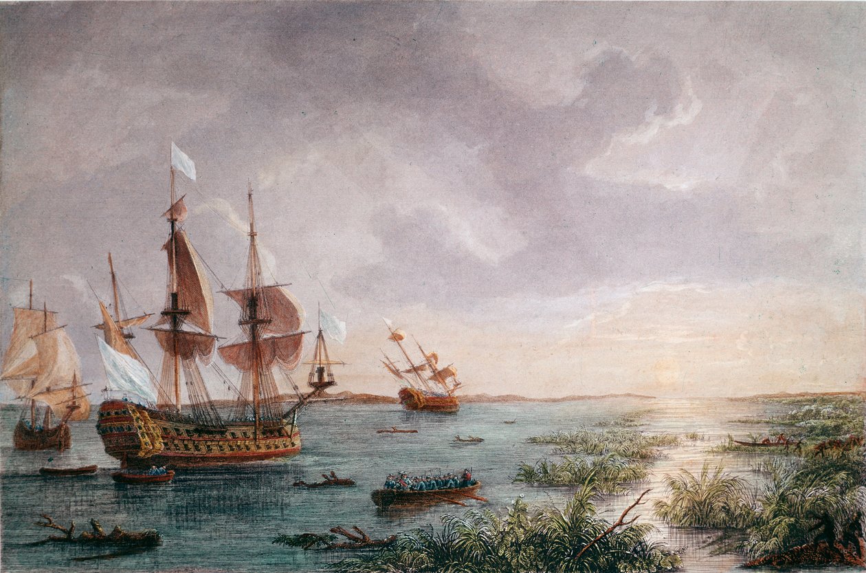O explorador francês René Robert Cavelier, Sieur de LaSalle descobre a Louisiana, em 1684 (Gravura de Unknown artist
