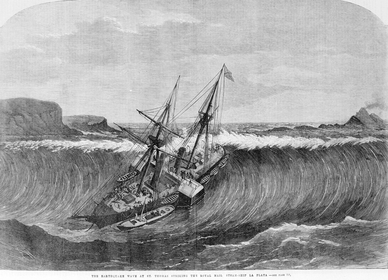 A onda gigante do tsunami de dezembro de 1867 em Saint Thomas, Ilhas Virgens, cai sobre o barco com rodas La Plata. Gravura do século XIX. de Unknown artist