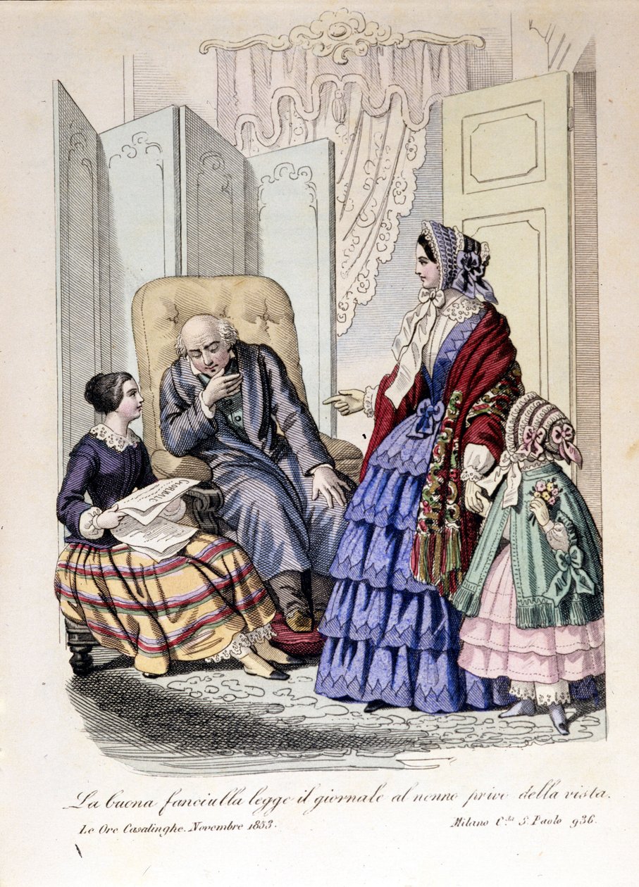 A rapariga lê o jornal para o avô que perdeu a visão. De "The ore casalinghe", Novembro de 1853. de Unknown artist
