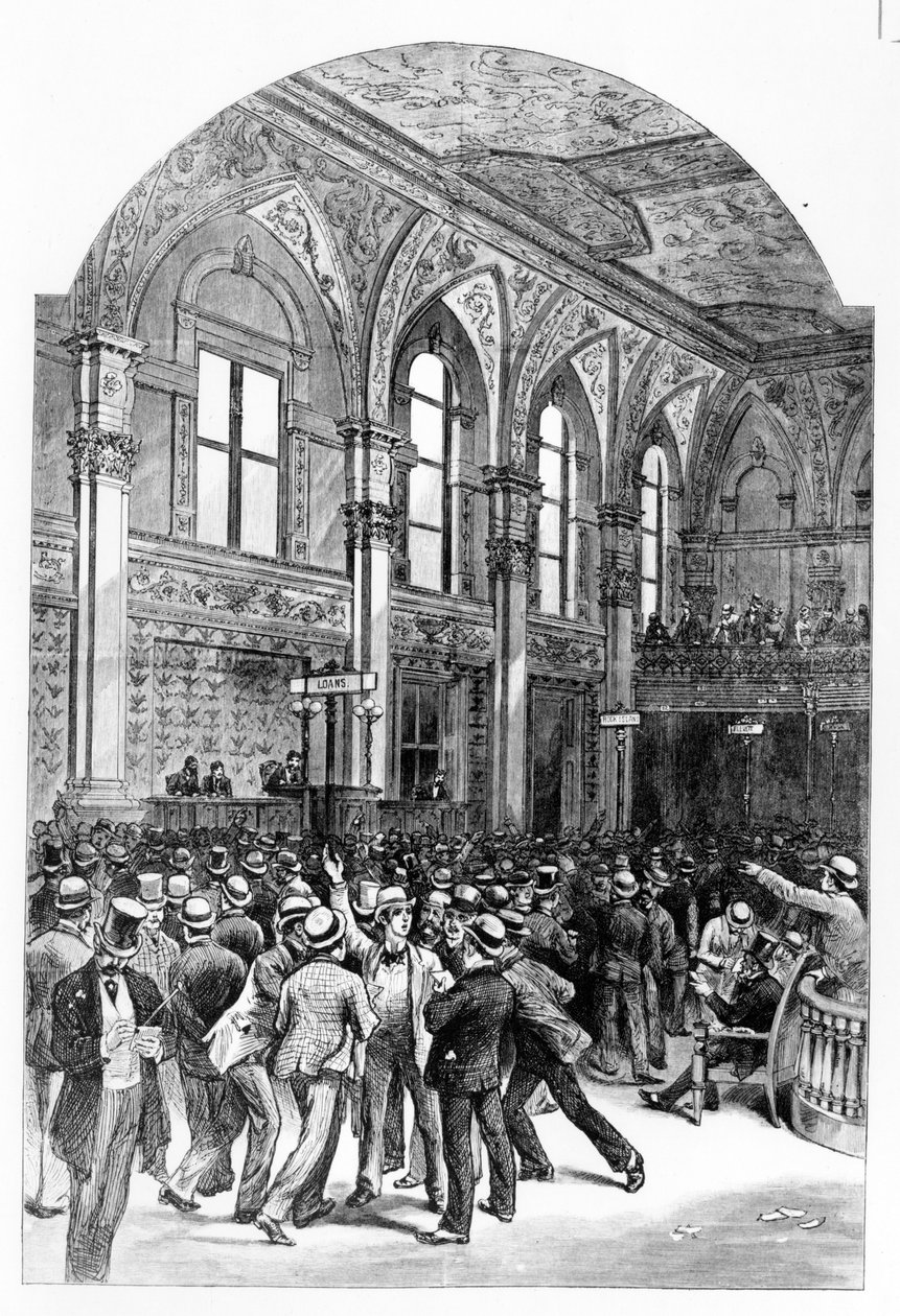 O interior da Bolsa de Valores de Nova Iorque em 1881. de Unknown artist