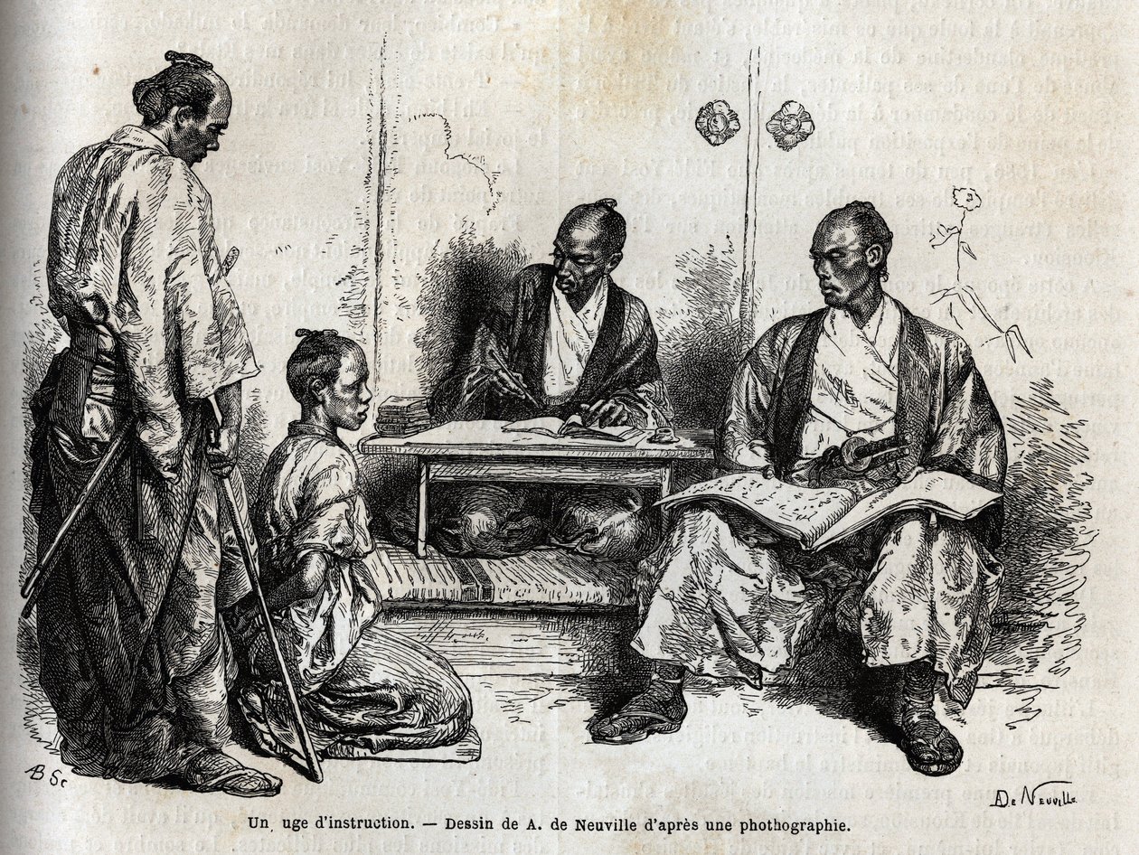 O juiz de instrução, no exercício das suas funções, ajoelhado à sua frente, acusa-o de samurai. Gravura para ilustrar a viagem ao Japão em 1863-1864, de Aime Humbert, ministro da Confederação Suíça, em "Le tour du monde, nouveau jo de Unknown artist