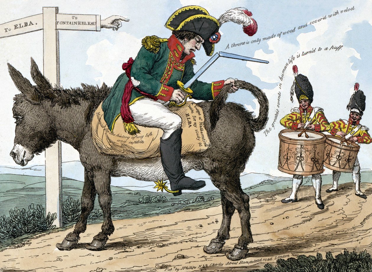 A viagem de um herói moderno, para a ilha de Elba. A viagem de um herói moderno para a ilha de Elba. Este desenho animado mostra Napoleão Bonaparte sentado num burro na estrada de Fontainebleau para a ilha de Elba; ele segura um estojo de espadas numa mão  de Unknown artist