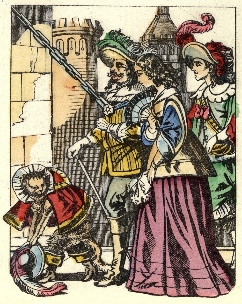 O rei, a princesa e o marquês de Carabas chegam ao castelo do ogre que precede a bota do gato. Ilustração do conto "A bota do gato" de Charles Perrault de Unknown artist