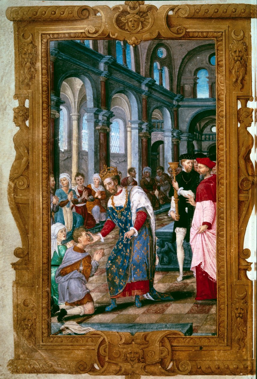 O rei toca, Deus vos ouve o rei Henrique II (1519-1559), o taumaturge, guerreiros fartos de ecrouelles na abadia de São Marcoul, logo após a cerimônia da coroação de Reims. Perto dele, o arco de Reims. Miniatura de "As Horas de Henrique II" 154 de Unknown artist