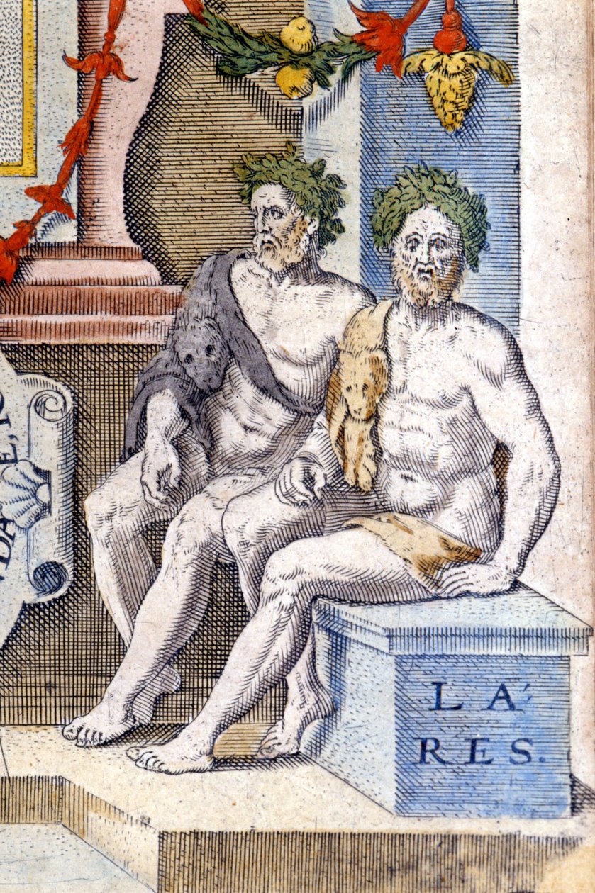 Os deuses leares: eles protegem a casa e seus habitantes (eles são os espíritos dos antepassados). A gravura do século XVI de Unknown artist