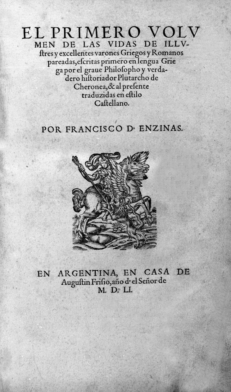 A vida de homens ilustres. Frontispício do livro de Plutarco de Cheronee, também chamado "Vidas Paralelas". Edição argentina de Unknown artist