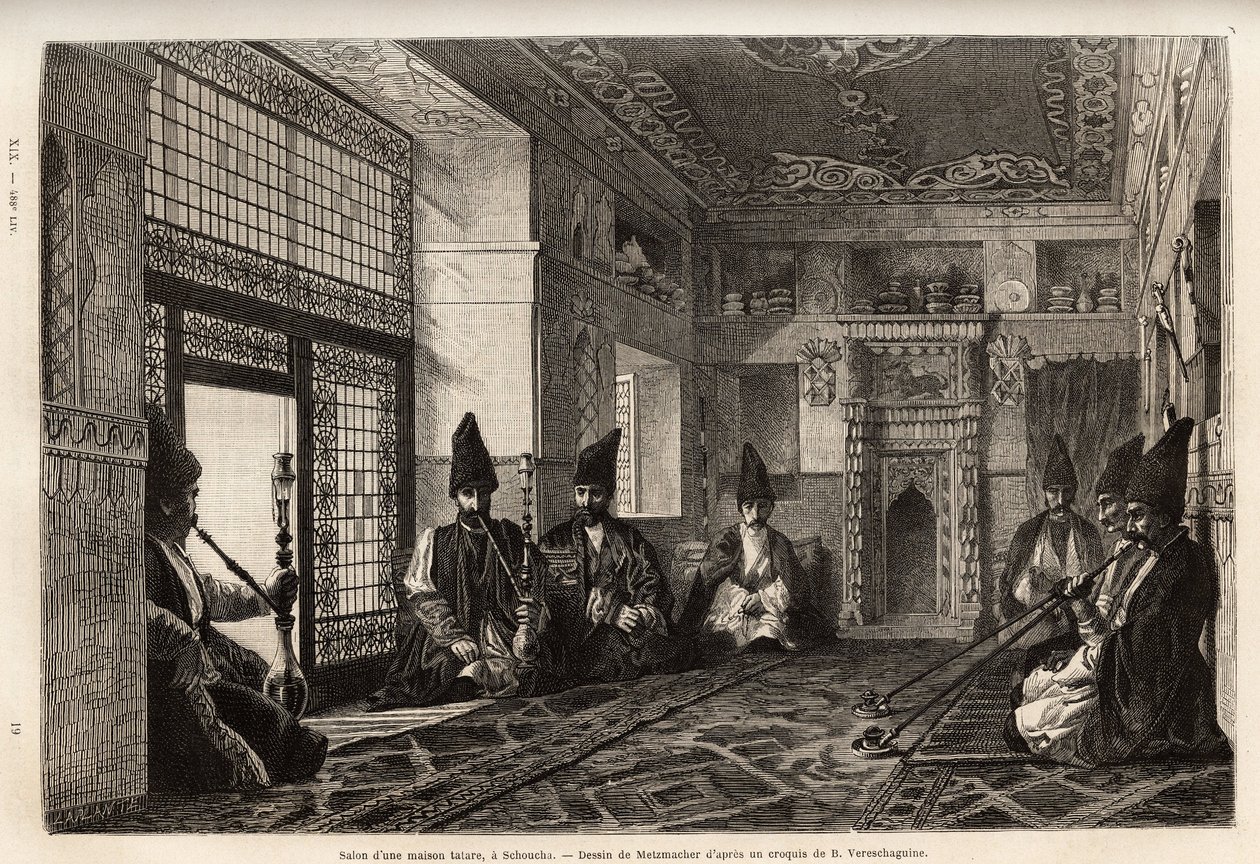 A sala de estar de uma rica casa tártara em Schusha (Transcaucasia, Rússia), onde os homens se reúnem, sentados em tapetes para fumar o cachimbo e conversar. Gravura para ilustrar a viagem nas províncias do Cáucaso, por Basile Vereschaguine, em 1864-1865,  de Unknown artist