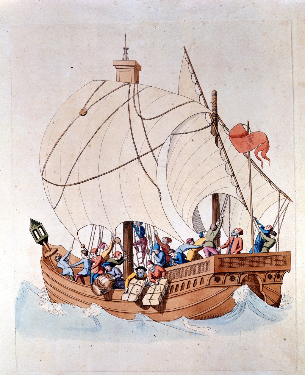 O carregamento de uma caravela do século XIII está no mar. de Unknown artist