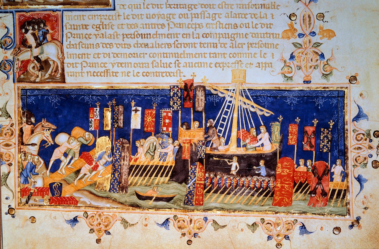 O carregamento de barcos para a Cruzada Miniatura desde "Statutes Of The Order Of The Holy Spirit (Ordem do Espírito Santo) até ao Desir Direito" (Ordem do Nodo) 1352 Paris, B.N. de Unknown artist