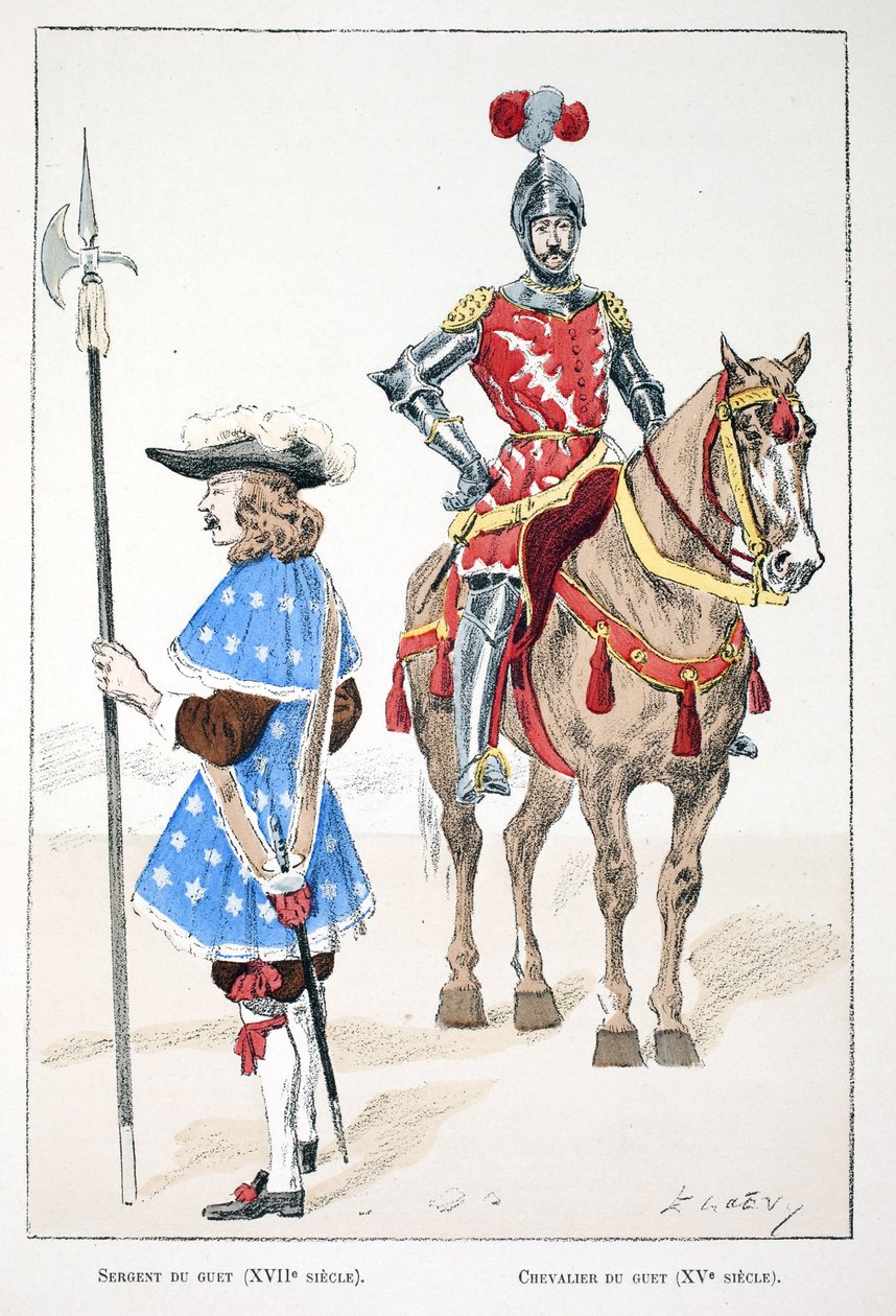 O sargento de vigia no século XVII e o cavaleiro no século XV. Eau forte en couleurs, para ilustração do livro "Histoire du corps des gardiens de la paix" publicado sob os auspícios de Louis Lepine (1846-1933) prefet de police de la Seine. de Unknown artist