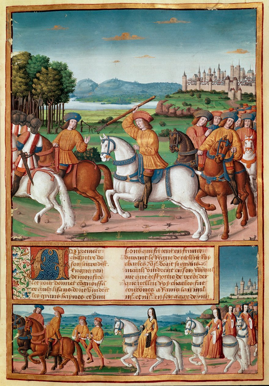 A loucura de Carlos VI (1368 - 1422). Em 5 de agosto de 1392, na floresta de Le Mans, ele começou a experimentar ataques de furiosa loucura: gritando traição, ele atacou sua própria trupe e matou quatro pessoas miniaturas de "Chronicles de Enguerrand de Mo de Unknown artist