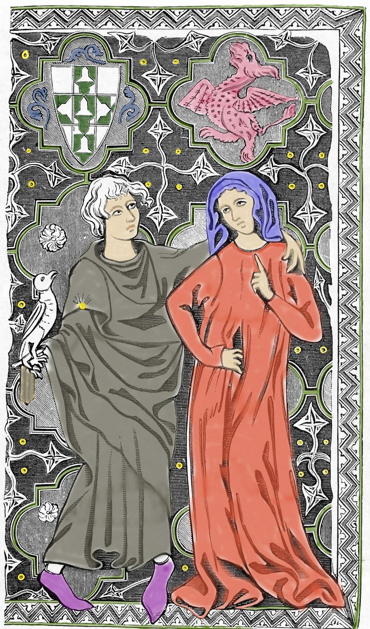 O mágico Merlin o Encantador encontra a fada Viviane na floresta de Broceliande. Representação de um manuscrito por e-mail de Limoges, do início do século XV. Século XIX. de Unknown artist