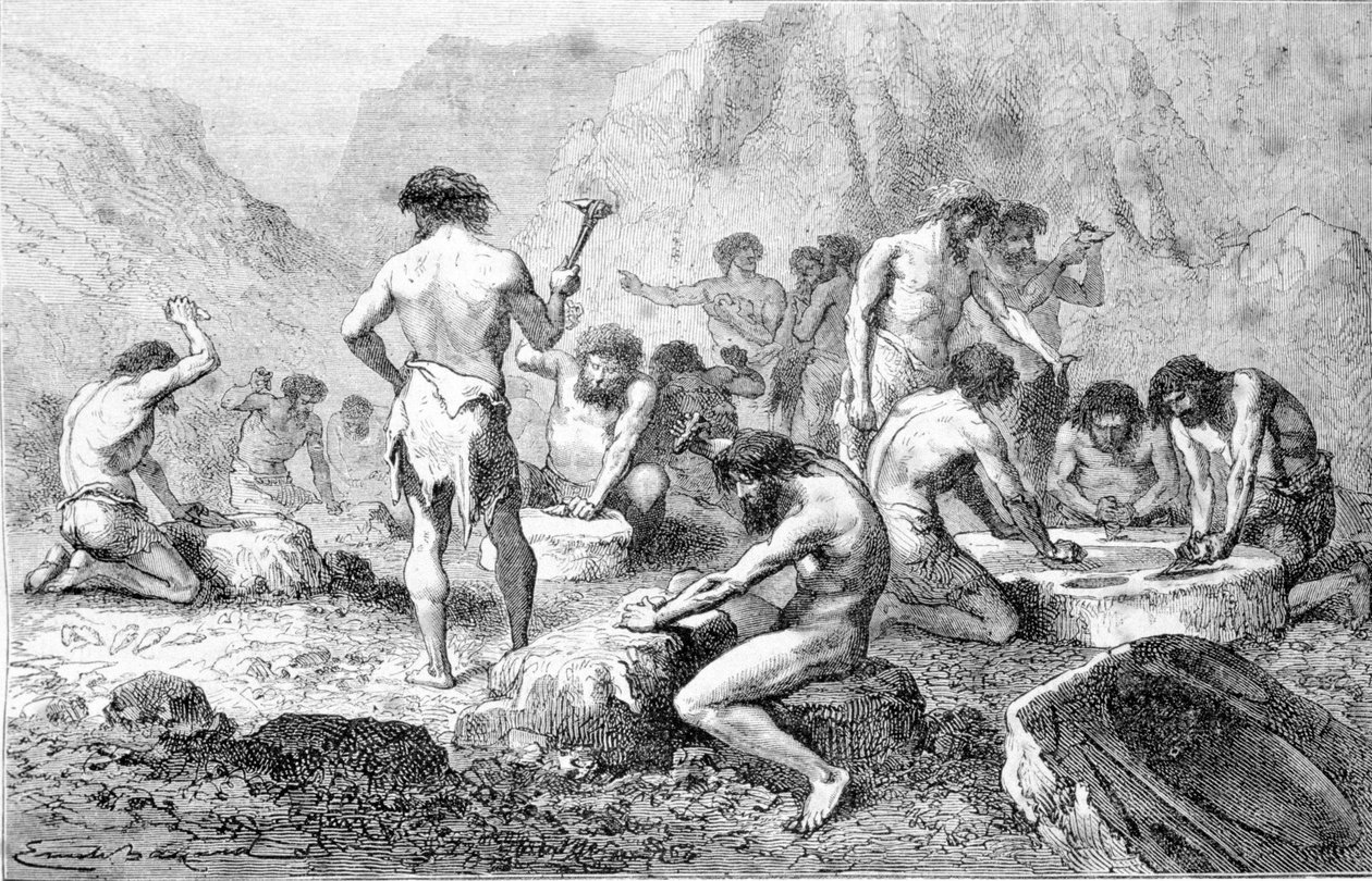O fabrico e polimento de pedra por homens pré-históricos em Pressigny. de Unknown artist
