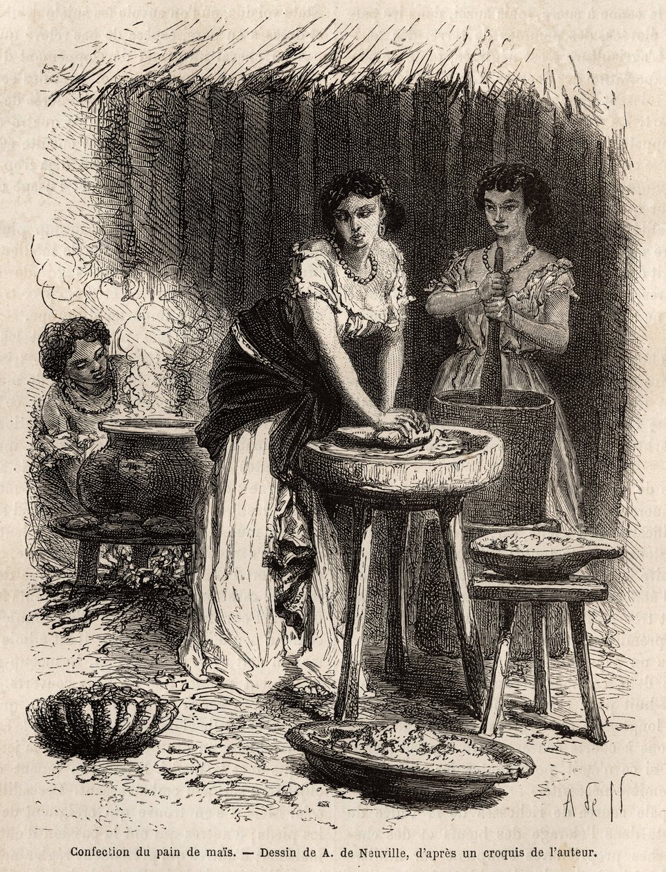 A fabricação de pão de milho, a base dos alimentos, por mulheres do Vale do Grande Cauca (Colômbia). Gravura para ilustrar a viagem a Nova Granada, pelo Dr. Saffray, em 1869, publicada em "Le tour du monde" 1873, editada por Edouard Charton, edição Hachet de Unknown artist