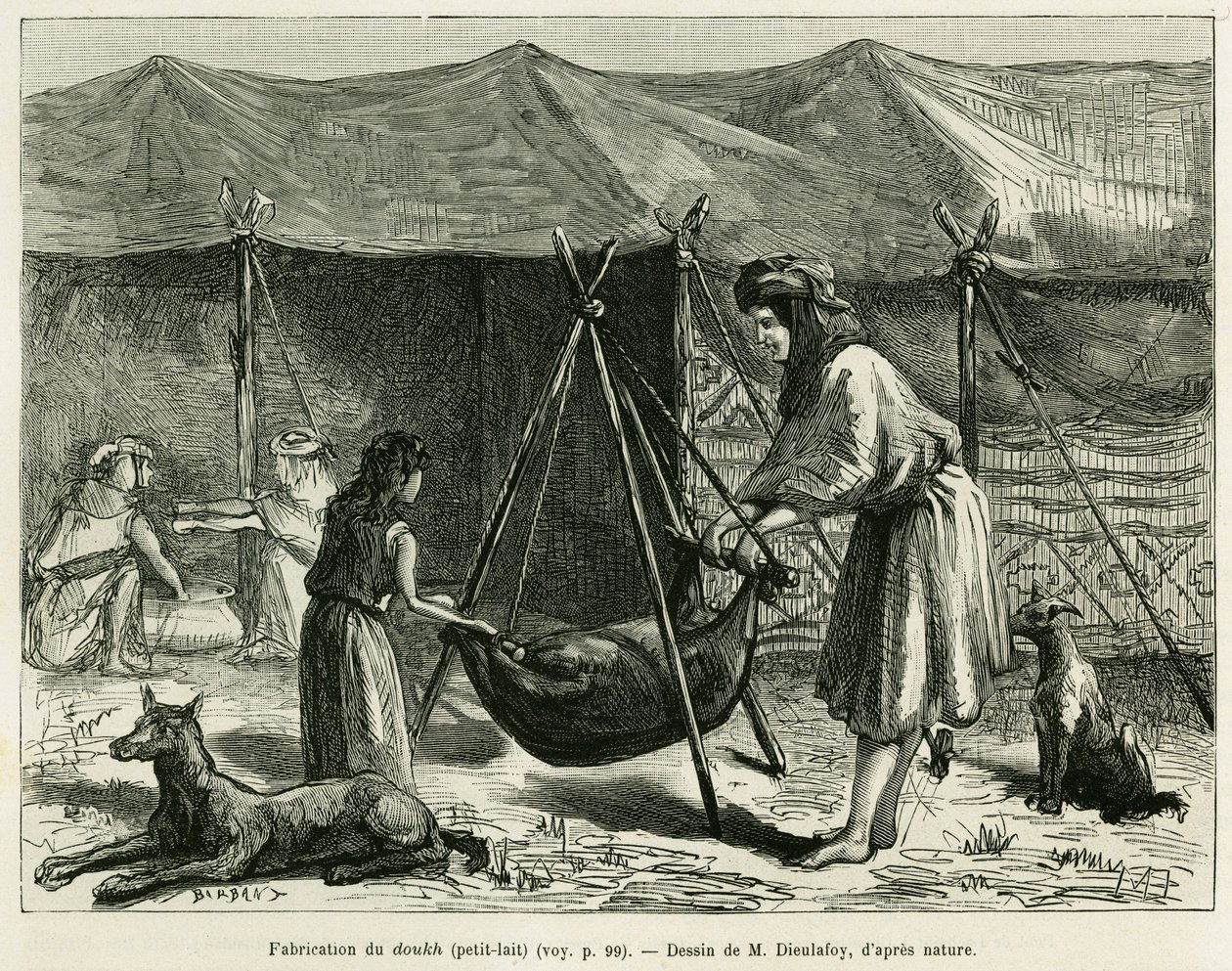 A fabricação de leite pelas mulheres de pastoras da região de Karoun. Gravura para ilustrar a história La Perse, la Chaldee et la Susiane de Jane Delafoy (1851-1916), oficial da academia, em le tour du monde 1886, dirigida por Edouard Charton (1807-1890),  de Unknown artist