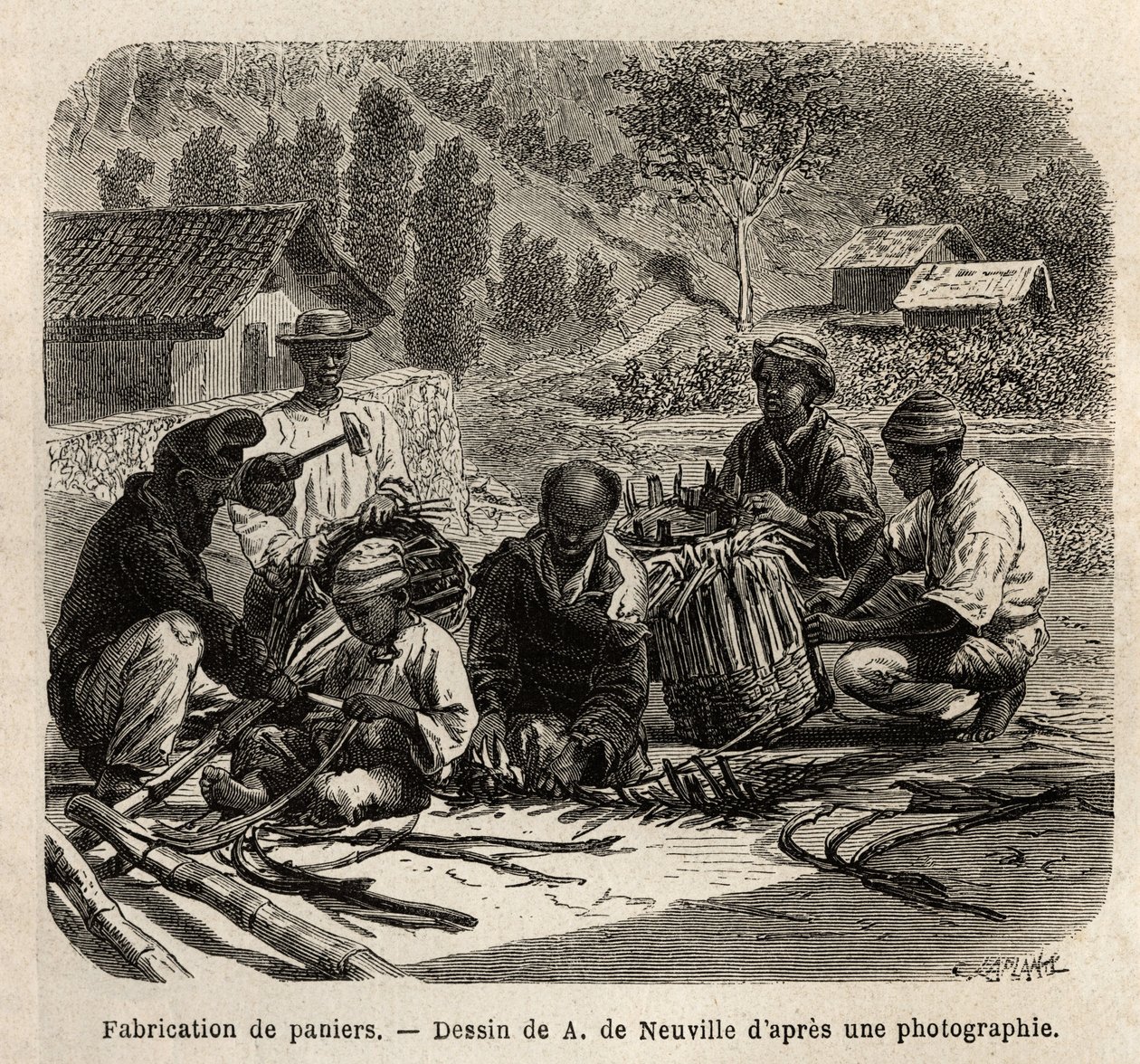 O fabrico de cestos de folhas de palmeira, para a recolha de café. Gravura para ilustrar a viagem ao Brasil, história de M. e Mme Agassiz, em 1865-1866, publicada na "Le tour du monde, nouveau journal des voyages", sob a direção de Edouard Charto de Unknown artist