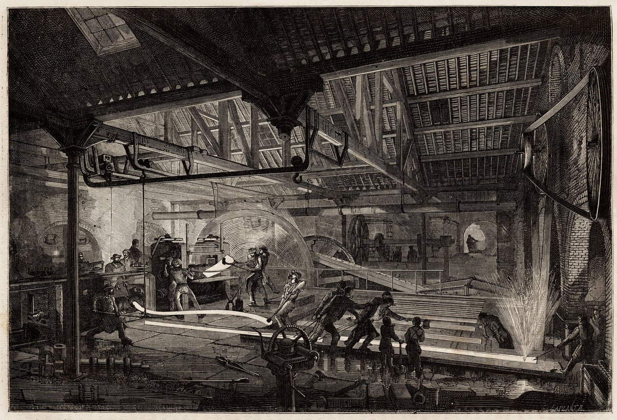 A fabricação dos trilhos nas antigas forjas de Le Creusot, as tiras de aço, brancas de calor, estendem-se em trilhos entre os laminadores. Gravura para ilustrar uma viagem ao Creusot e às minas de Saone e Loire, em 1865, por L. Simonin, em "Le tou de Unknown artist