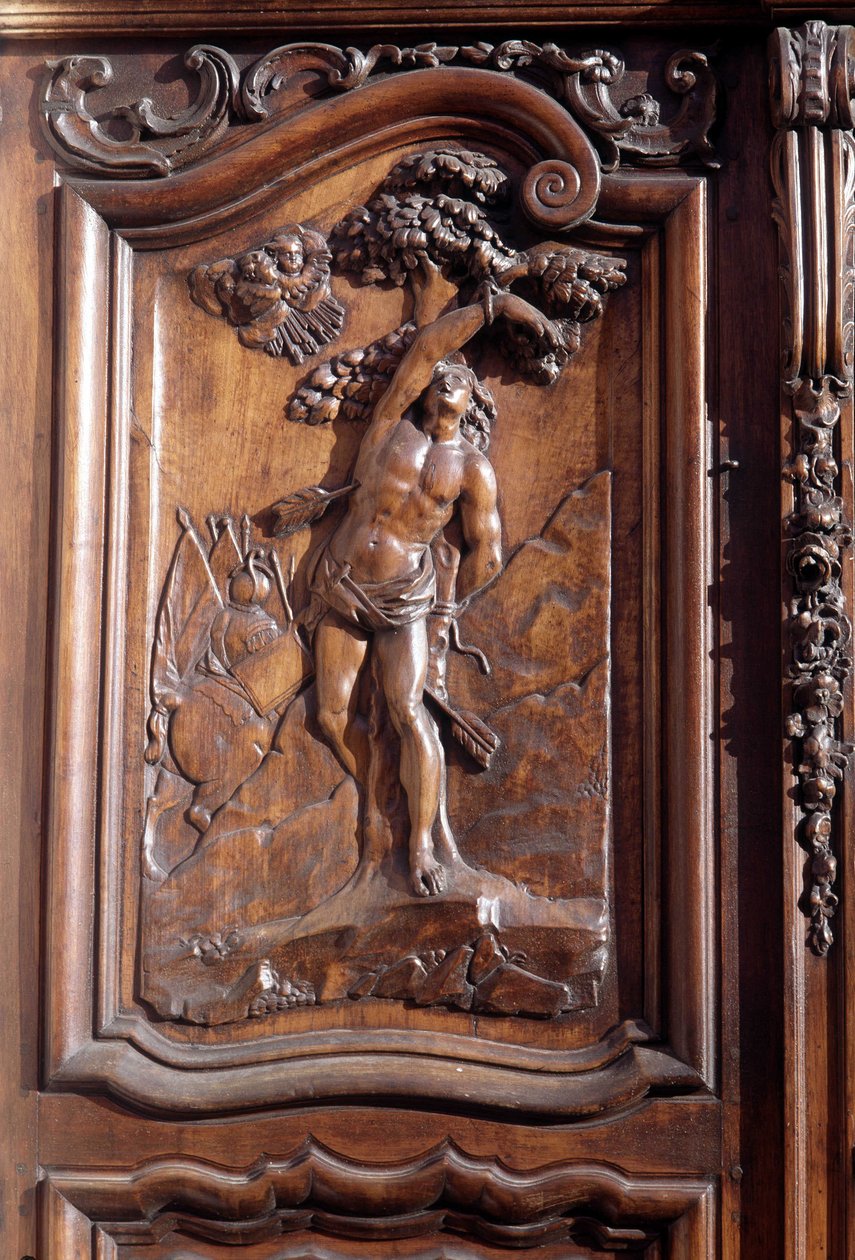 O martírio de San Sebastián, detalhe da porta de madeira esculpida da igreja da concepção imaculada, Menton. de Unknown artist