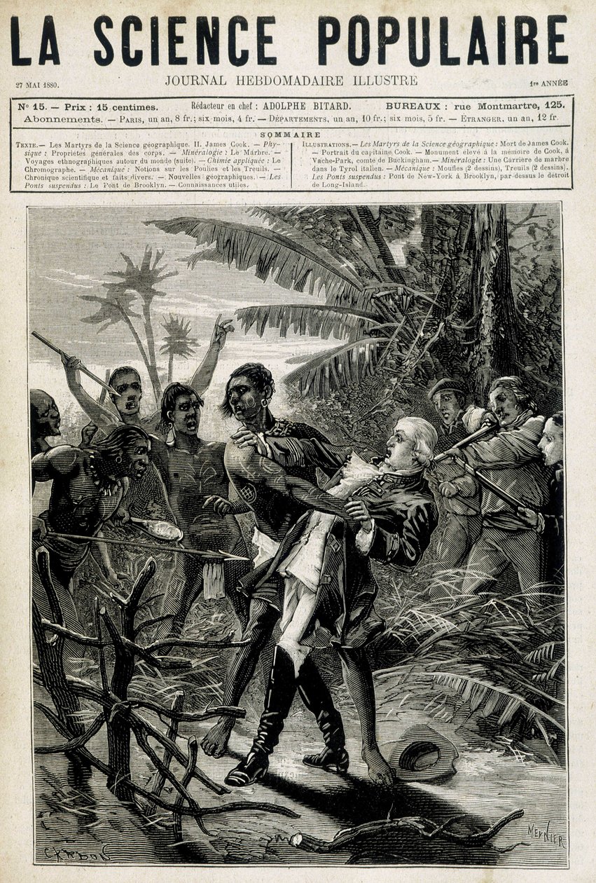 Os mártires da Ciência Geográfica: morte do Capitão Cook. Capa "La Science populaire" de 27 de Maio de 1880 de Unknown artist