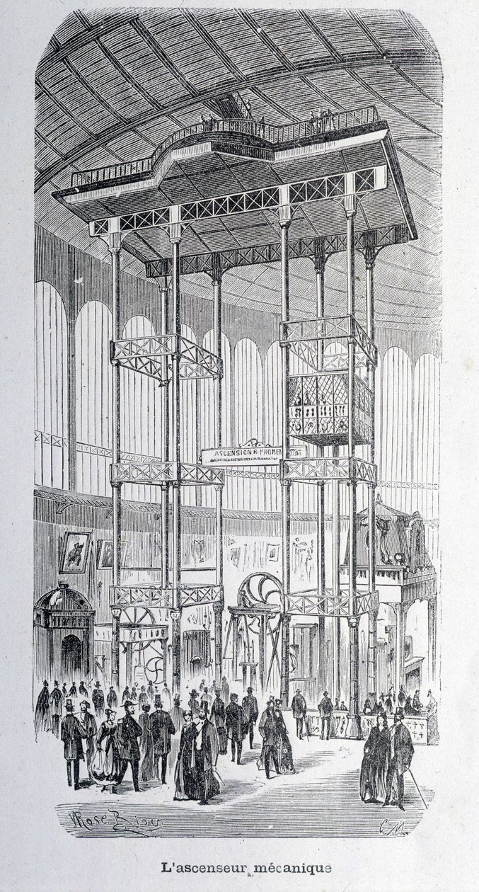O elevador mecânico do engenheiro Edoux na exposição mundial de 1867 - grav. de Unknown artist
