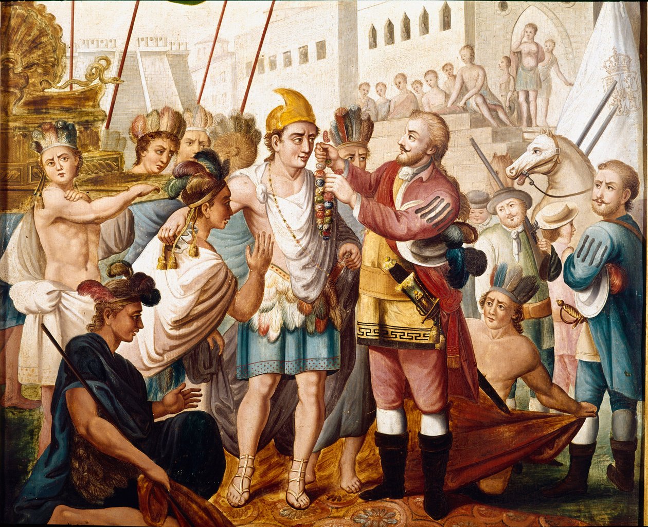 O encontro entre Hernán (ou Hernando) Cortes ou Fernand Cortez (1485-1547) e o rei asteca Montezuma (ou Moctezuma: 1466 - 1520) em novembro de 1519 Pintura anônima do século XIX. Museu da América, Madrid. de Unknown artist